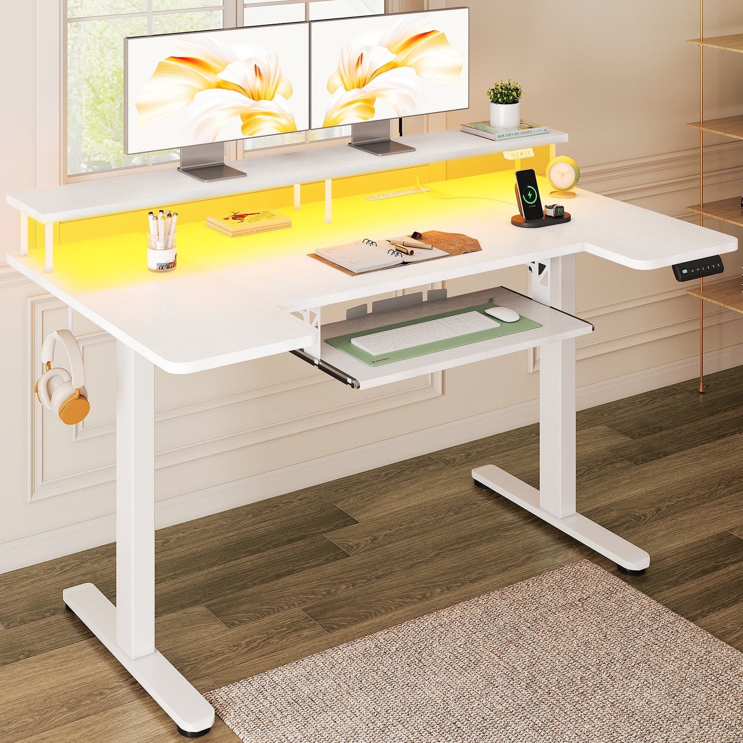 Casacomoda 55 Inch U-Shaped Electric Standing Desk with Power Outlets & LED Lights, Height Adjustable Desk with Keyboard Tray, Sit Stand Table with Monitor Stand for Home, Office, White