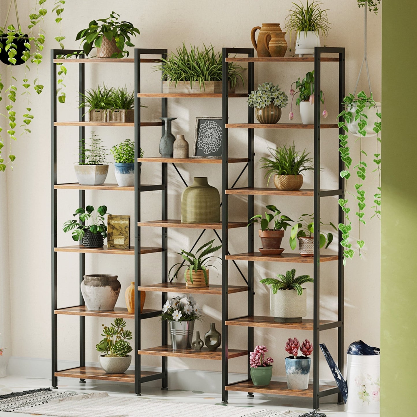 Casacomoda Triple Wide 6 Tier Bookshelf, Rustic Industrial Style Bookcases with 15 Open Display Shelves, Modern Tall Bookcase Furniture for Bedroom, Living Room and Home Office, Rustic Brown