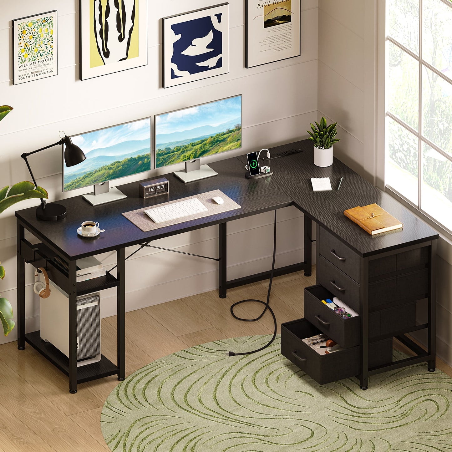 Reversible Modern Simple Style L Shaped Desk with Charging Station and Drawers, Pure Black