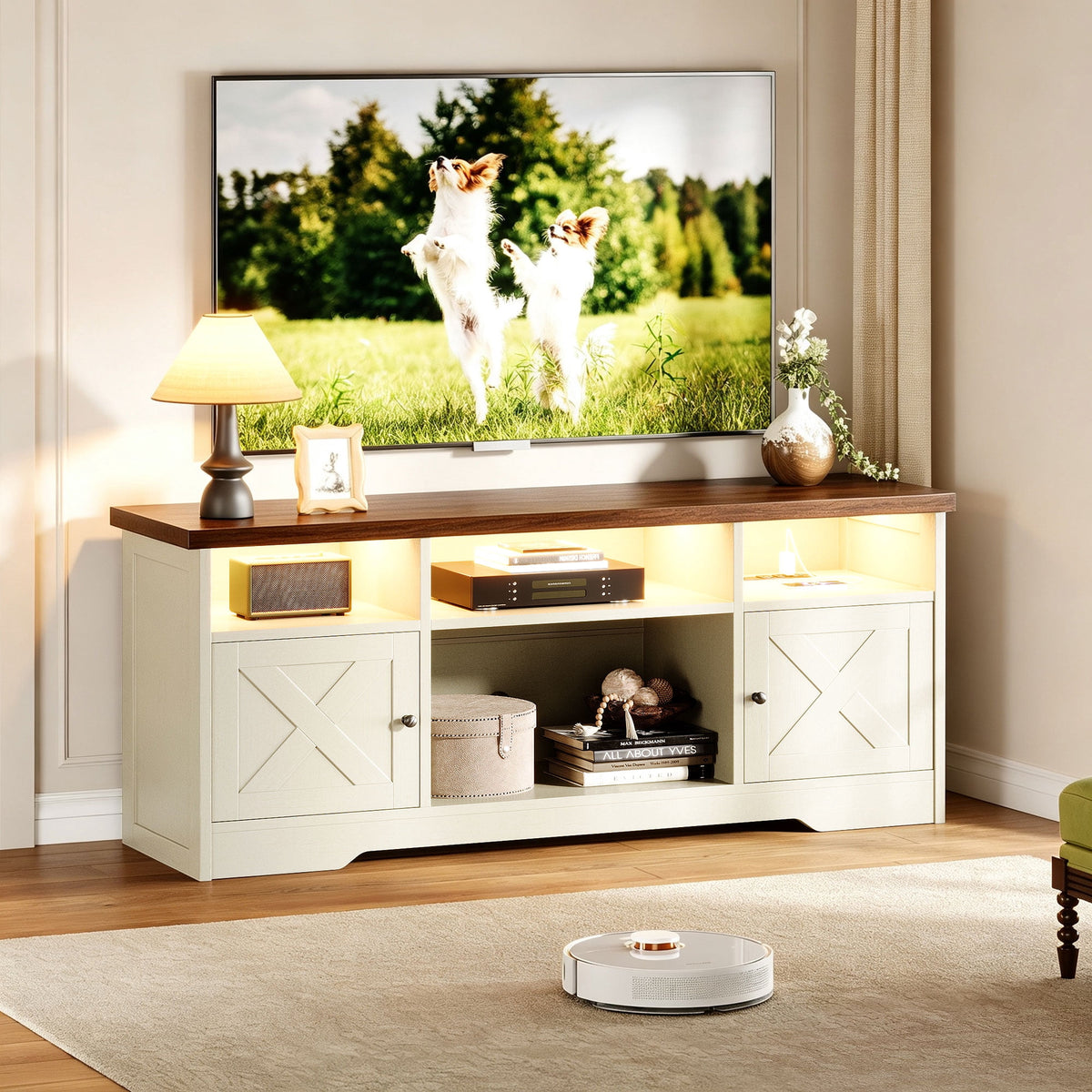 Farmhouse LED TV Stand for 65 Inch TV, Entertainment Center with Power Outlet, Media Console with Storage Cabinets and Shelves, Walnut & White