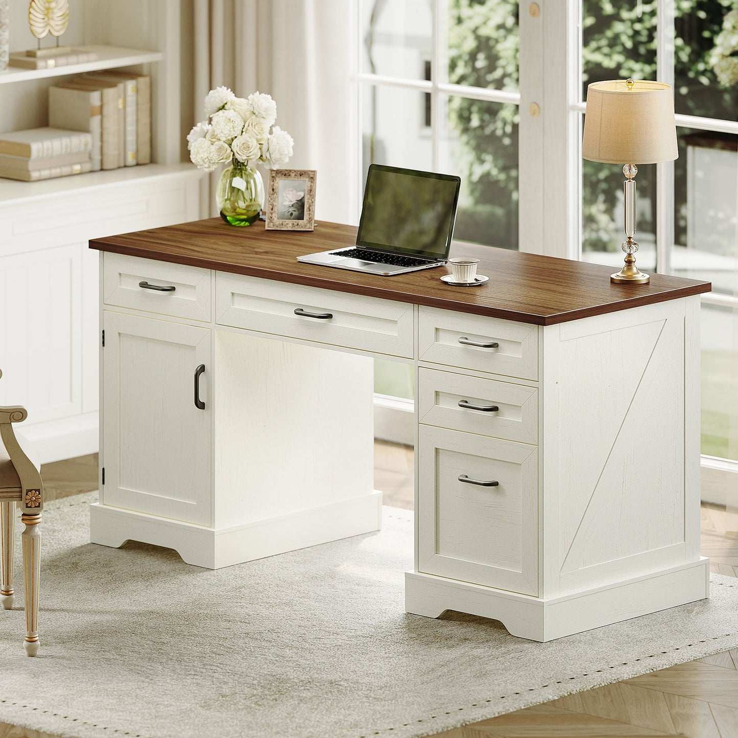 Casacomoda Home Office Desk with File Cabinet and Drawers, 59" Executive Desk with USB Power Outlet, Storage Cabinet for CPU, Workstation Table for Study, Walnut & Warm White