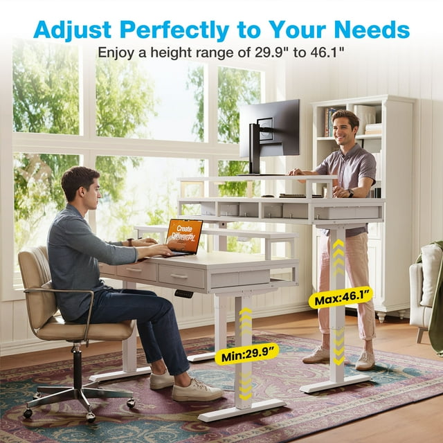 Casacomoda Electric Standing Desk with Power Outlets and LED Lights, Adjustable Height Sit Stand Desk with Monitor Shelf & 3 Fabric Drawers for Home Office, White