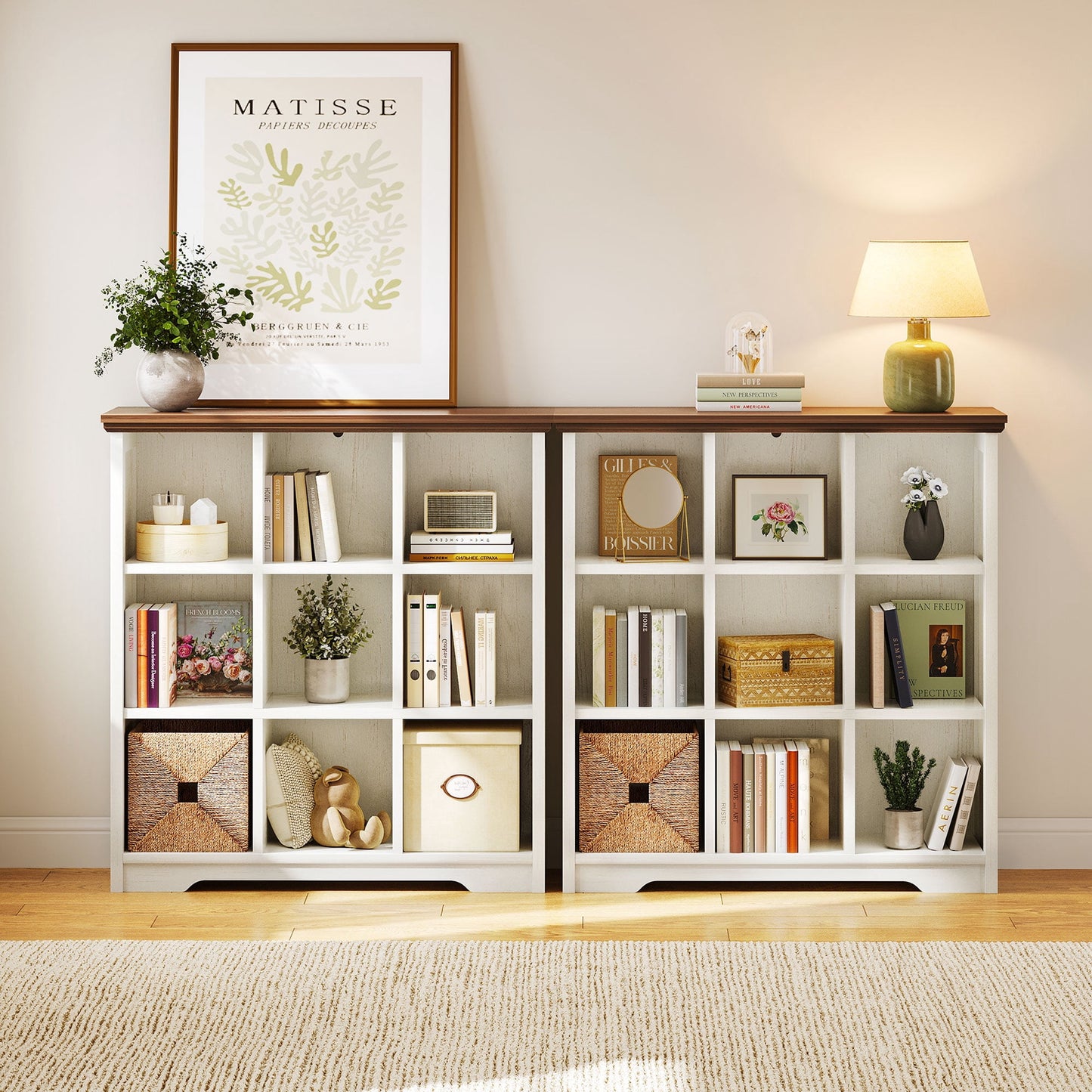 Casacomoda 9 Cube Storage Organizer, Cube Bookcase with Open Storage Shelves, Modern Farmhouse Cube Organizer, Bookshelf for Living Room, Bedroom, Walnut & White