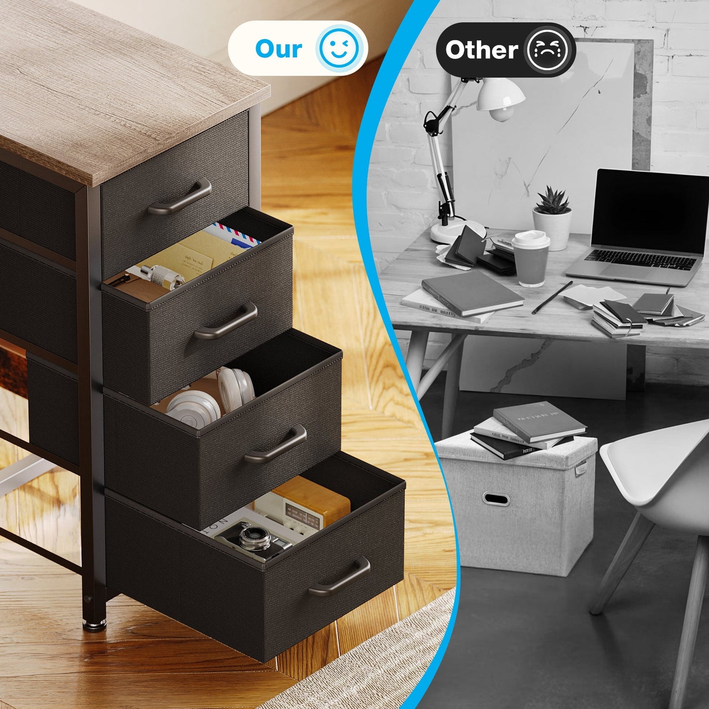 40 inch Computer Desk with 4 Fabric Drawers — Home Office Desks with Storage, Writing Desk with Side Hook, Desk Study/Work Table for Bedroom and Small Space, Oak Grey