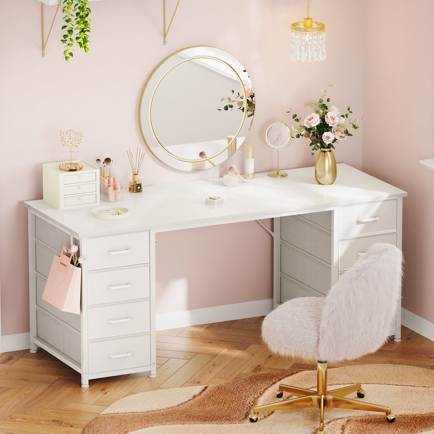 White Computer Desk with Drawers for Storage - 55 inch Home Office Desk with 8 Fabric Drawers, Writing Study Desk with Drawers on Both Sides for Bedroom