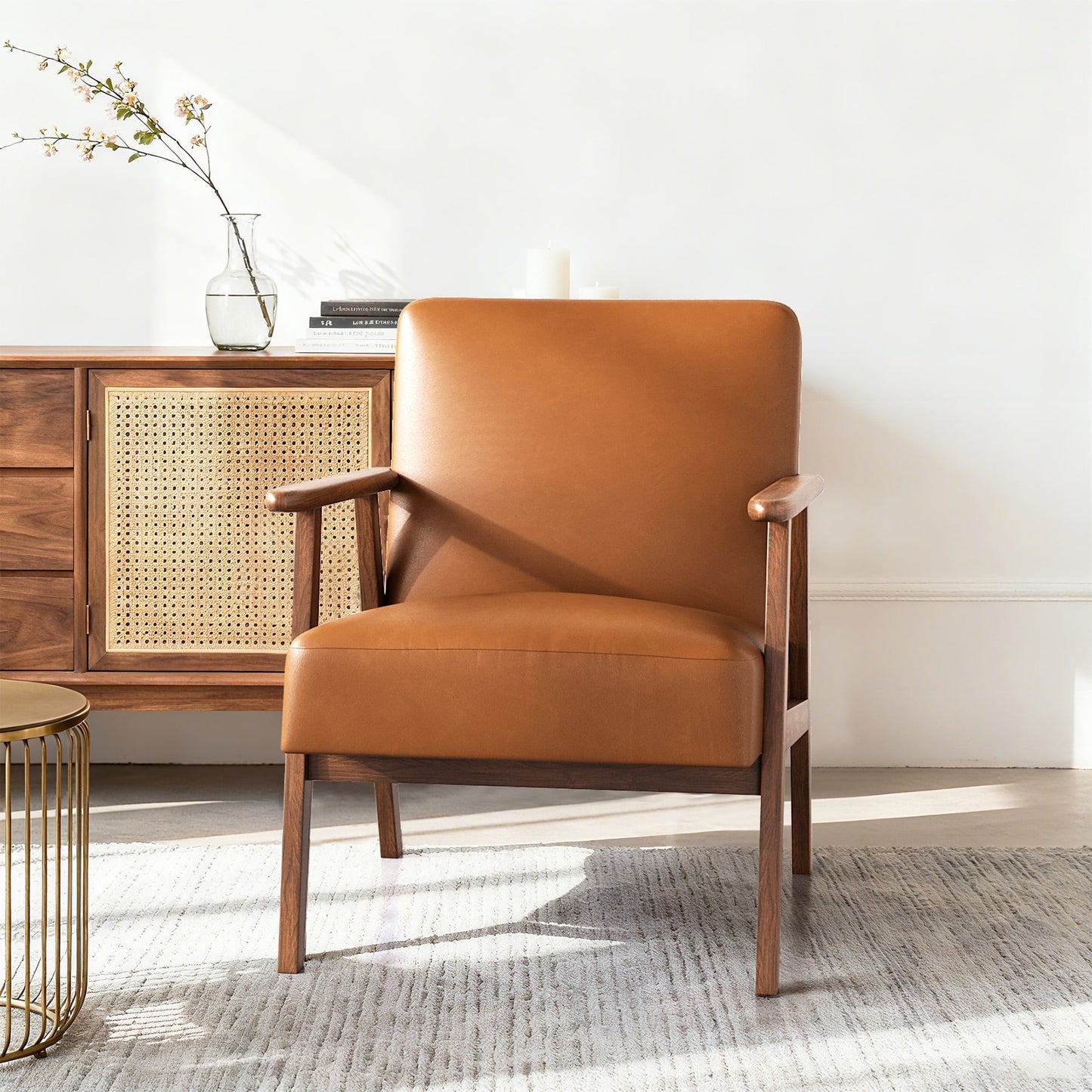 Casacomoda PU Leather Accent Chair for Bedroom, Living Room Chair with Solid Wood Legs, Reading Arm Chair with Soft Cushion for Adults, Brown