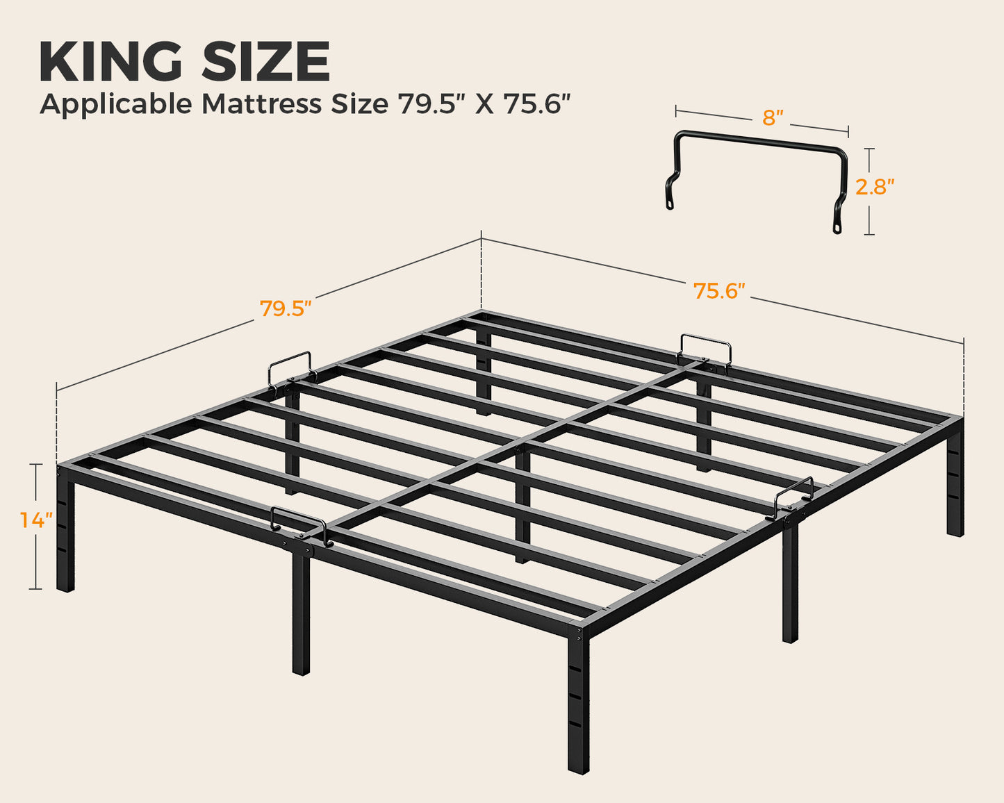 Casacomoda King Size Bed Frame, 14 inch Metal Bed Frame with Storage Space, Heavy Duty Sturdy Mattress Foundation,Easy Assembly,No Box Spring Needed, Black