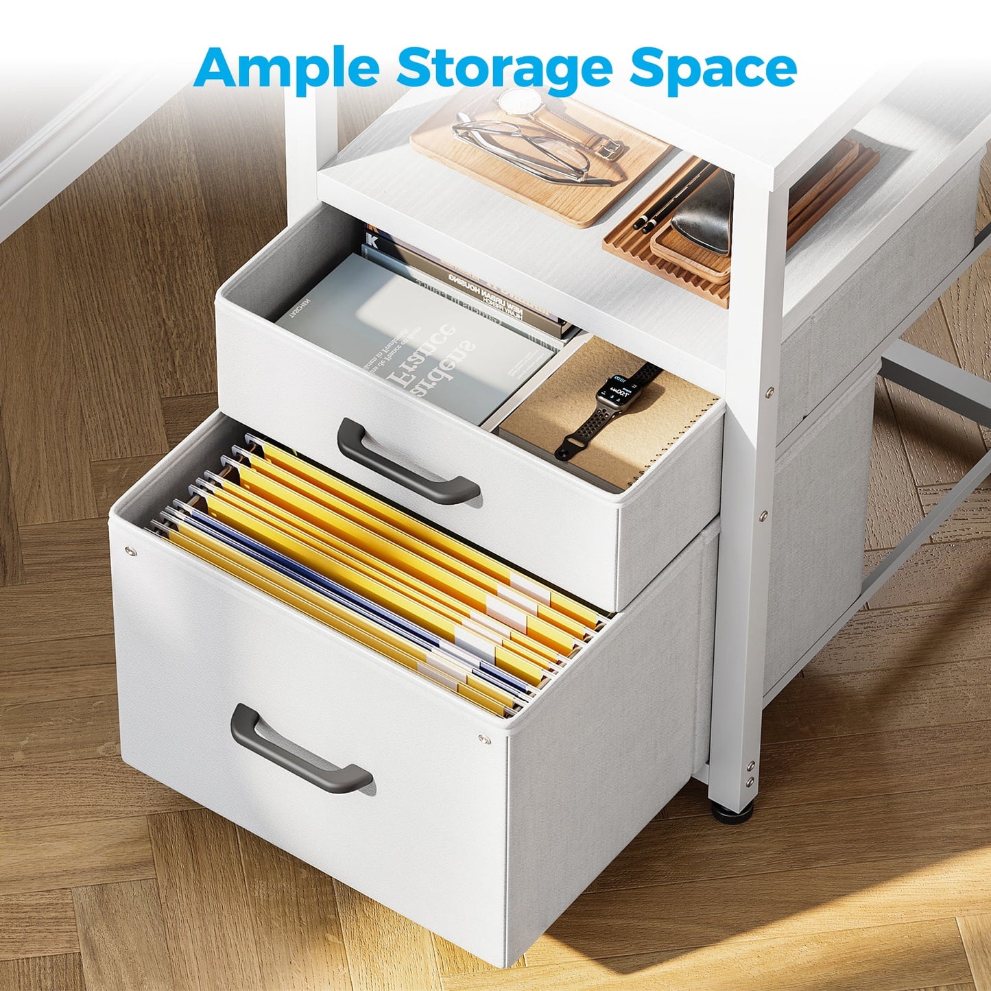 Casacomoda 55 inch Computer Desk with 5 Drawers and File Cabinet for Storage, Office Desk with Storage Shelf & Power Outlets, Home Office Desks, White