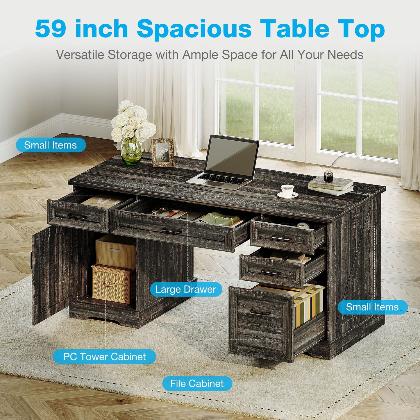 Casacomoda Home Office Desk with File Cabinet and Drawers, 59" Executive Desk with USB Power Outlet, Storage Cabinet for CPU, Workstation Table for Study, Dark Oak (No ratings yet)