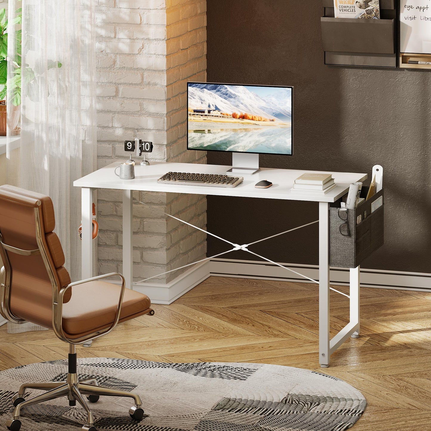 Casacomoda Computer Writing Desk 40 inch, Sturdy Home Office Table, Work Desk with a Storage Bag and Headphone Hook, Pure White