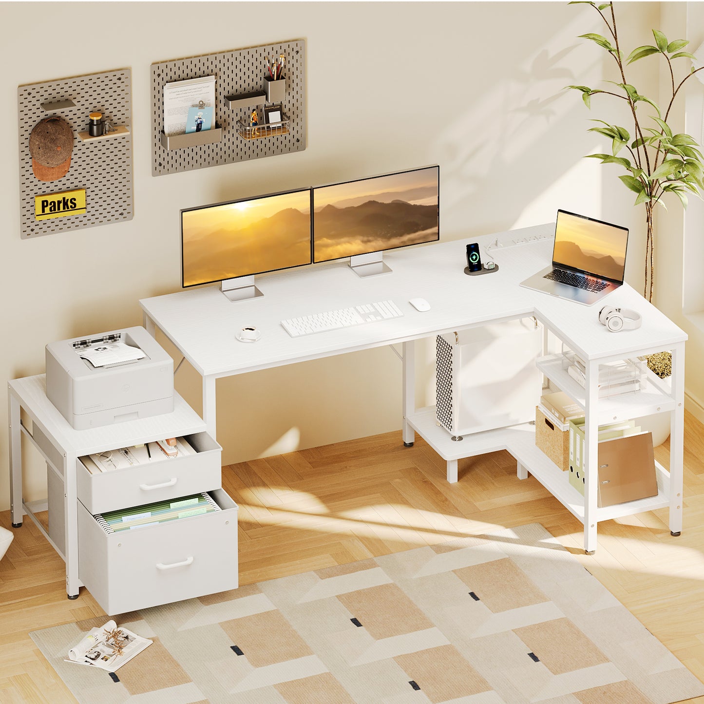 Casacomoda 63 Inch L Shaped Desk with Power Outlets, Large Computer Desk with File Drawer, Home Office Desk with Printer Stand & Storage Shelves, Corner Desk, White