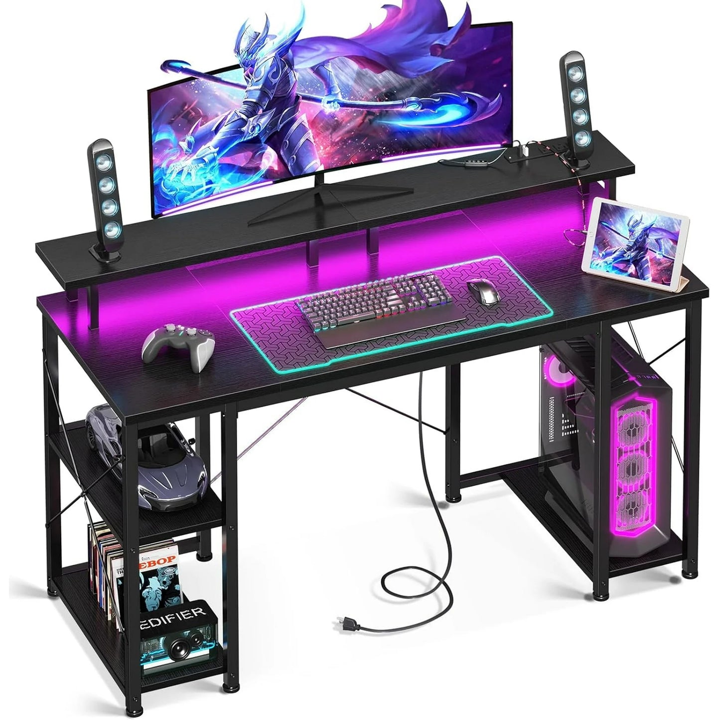 Casacomoda 48 inch Gaming Desk with LED Lights & Power Outlets, Computer Desk with Monitor Stand & Storage Sheves, CPU Stand, Home Office Desk, Black