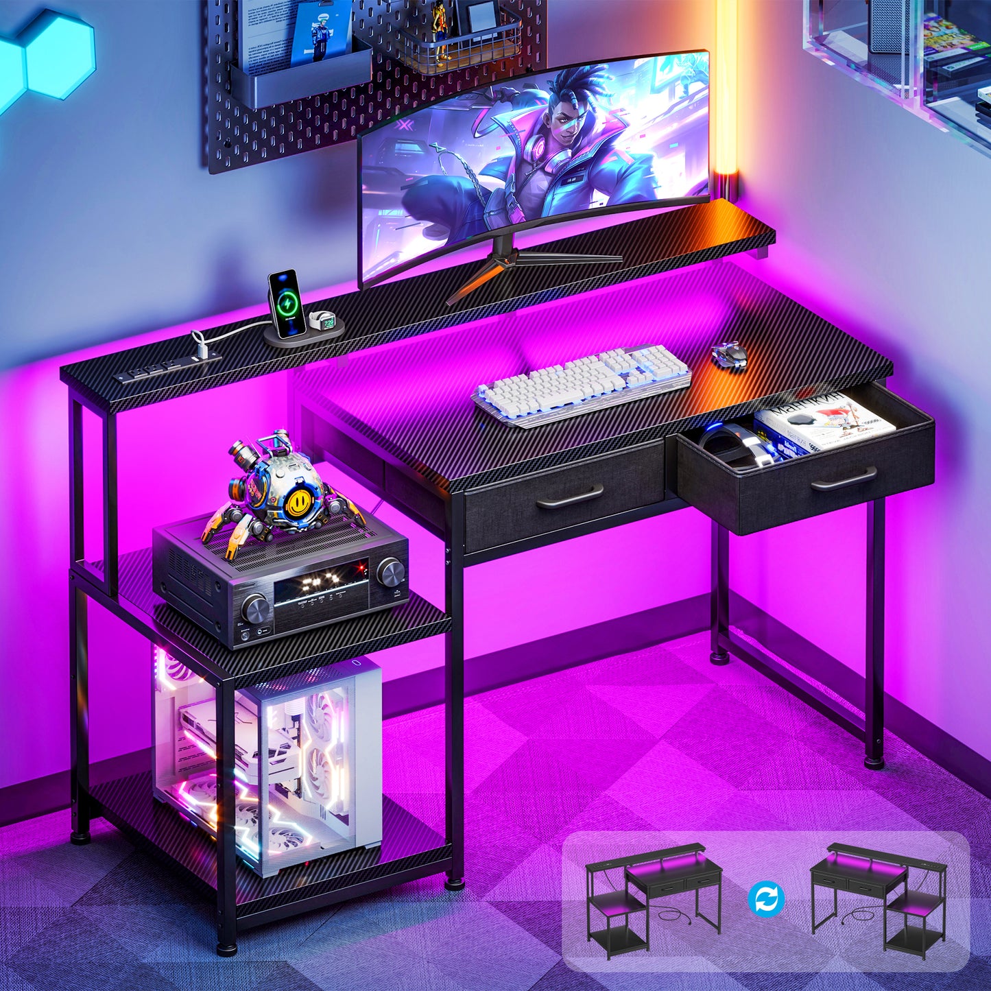Casacomoda Computer Desk, 48 Inch Gaming Desk with Led Lights & Power Outlet, Home Office Desk with Monitor Shelf, Reversible Desk with Printer Stands, Carbon Fiber Black