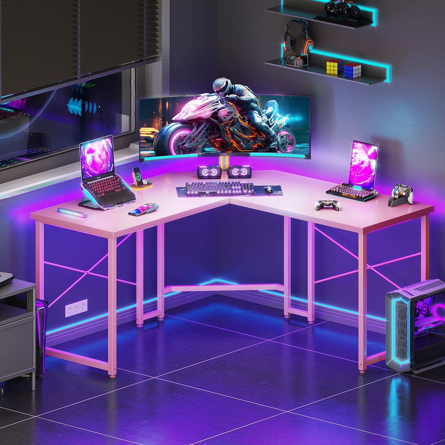 Casacomoda Computer Desk L Shaped, 51” Reversible L Shaped Computer Desk with Monitor Stand, Home Office Desk, Pink