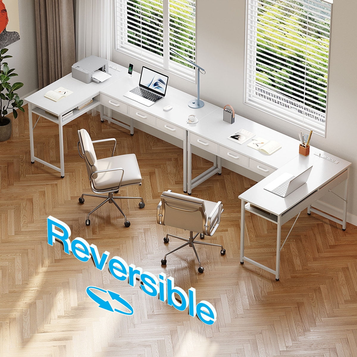 Casacomoda 48 inch L Shaped Computer Desk with 3 Drawers, Corner Desk with Power Outlets & Reversible Storage Shelves, Simple Computer Desk for Home Office Gaming, White