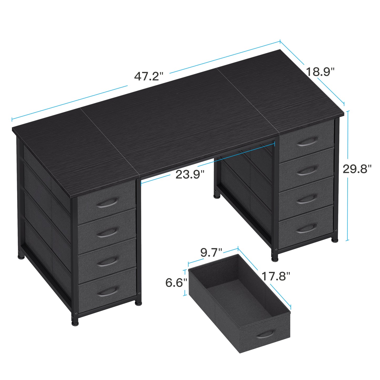 Black Computer Desk with Drawers for Storage - 48 inch Home Office Desk with 8 Fabric Drawers, Writing Study Desk with Drawers on Both Sides for Bedroom