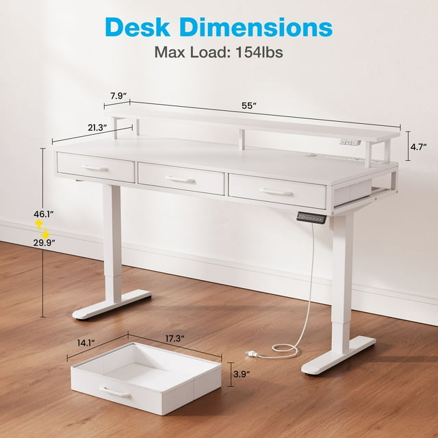 Casacomoda Electric Standing Desk with Power Outlets and LED Lights, Adjustable Height Sit Stand Desk with Monitor Shelf & 3 Fabric Drawers for Home Office, White