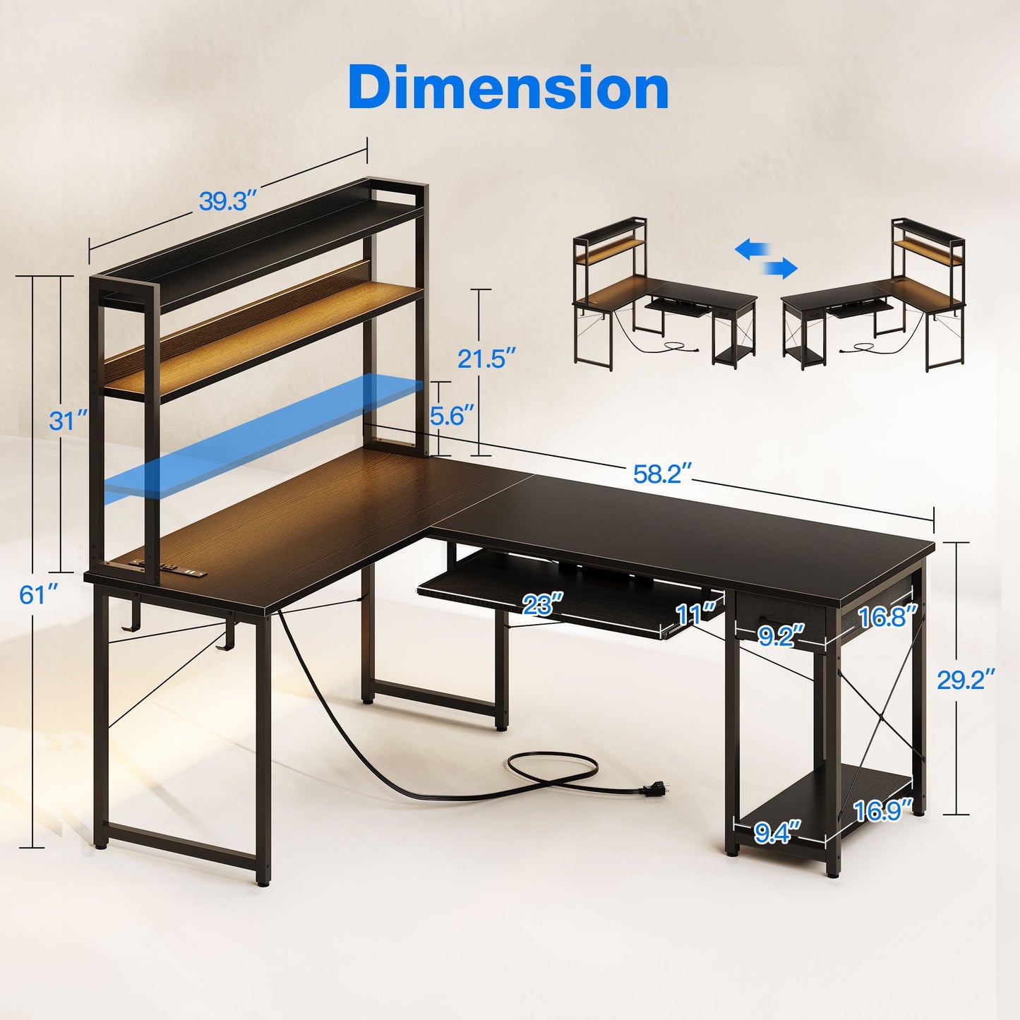 59" Reversible L-Shaped Gaming Desk with Power Outlets & LED Lights, Office Desk with Storage Drawer & Keyboard Tray for Home Office, Corner Computer Desk with Hutch, Pure Black