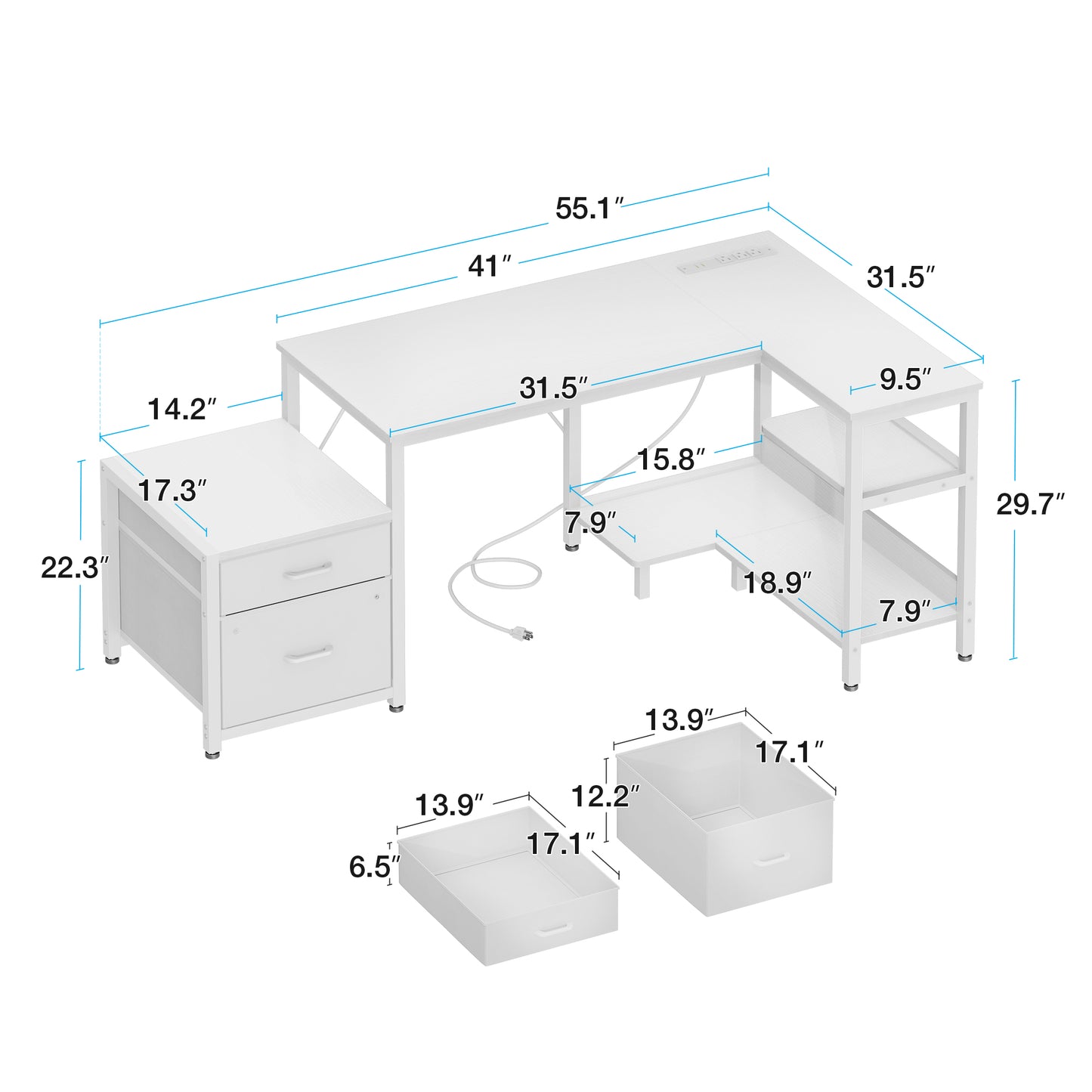 Casacomoda L Shaped Desk with Power Outlets, Large Computer Desk with File Drawer, Home Office Desk with Printer Stand & Storage Shelves, Corner Desk, White