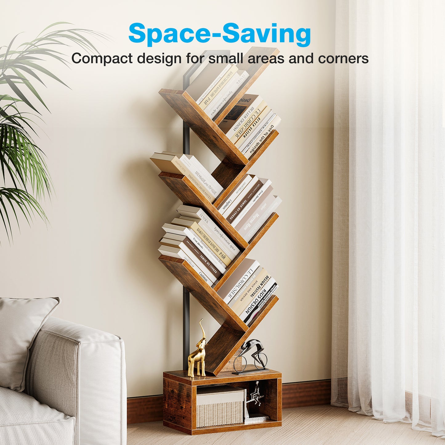 Casacomoda Tree Bookshelf - 6 Shelf Retro Floor Standing Bookcase, Tall Wood Book Storage Rack for CDs/Movies/Books, Utility Book Organizer Shelves for Bedroom, Living Room, Home Office
