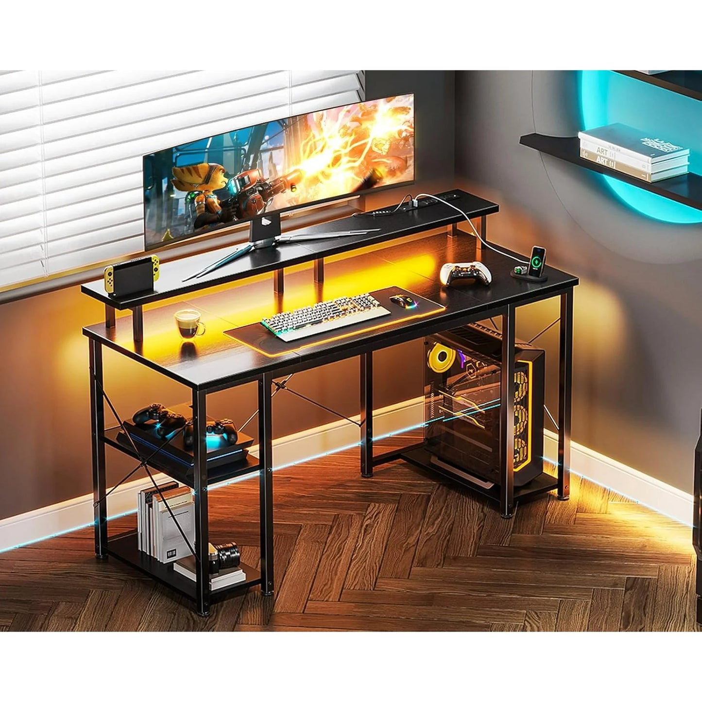 Casacomoda 48 inch Gaming Desk with LED Lights & Power Outlets, Computer Desk with Monitor Stand & Storage Sheves, CPU Stand, Home Office Desk, Black