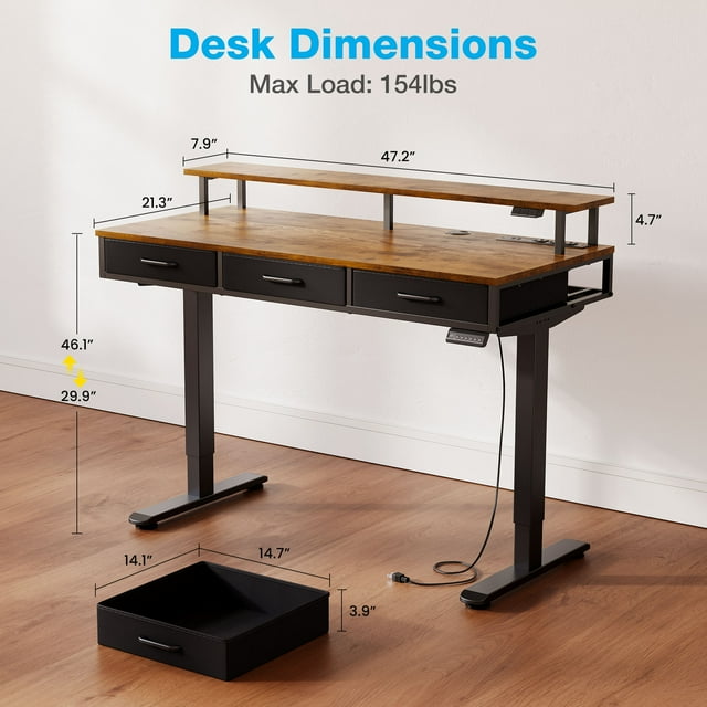 Casacomoda Electric Standing Desk with Power Outlets and LED Lights, Adjustable Height Sit Stand Desk with Monitor Shelf & 3 Fabric Drawers for Home Office, Vintage