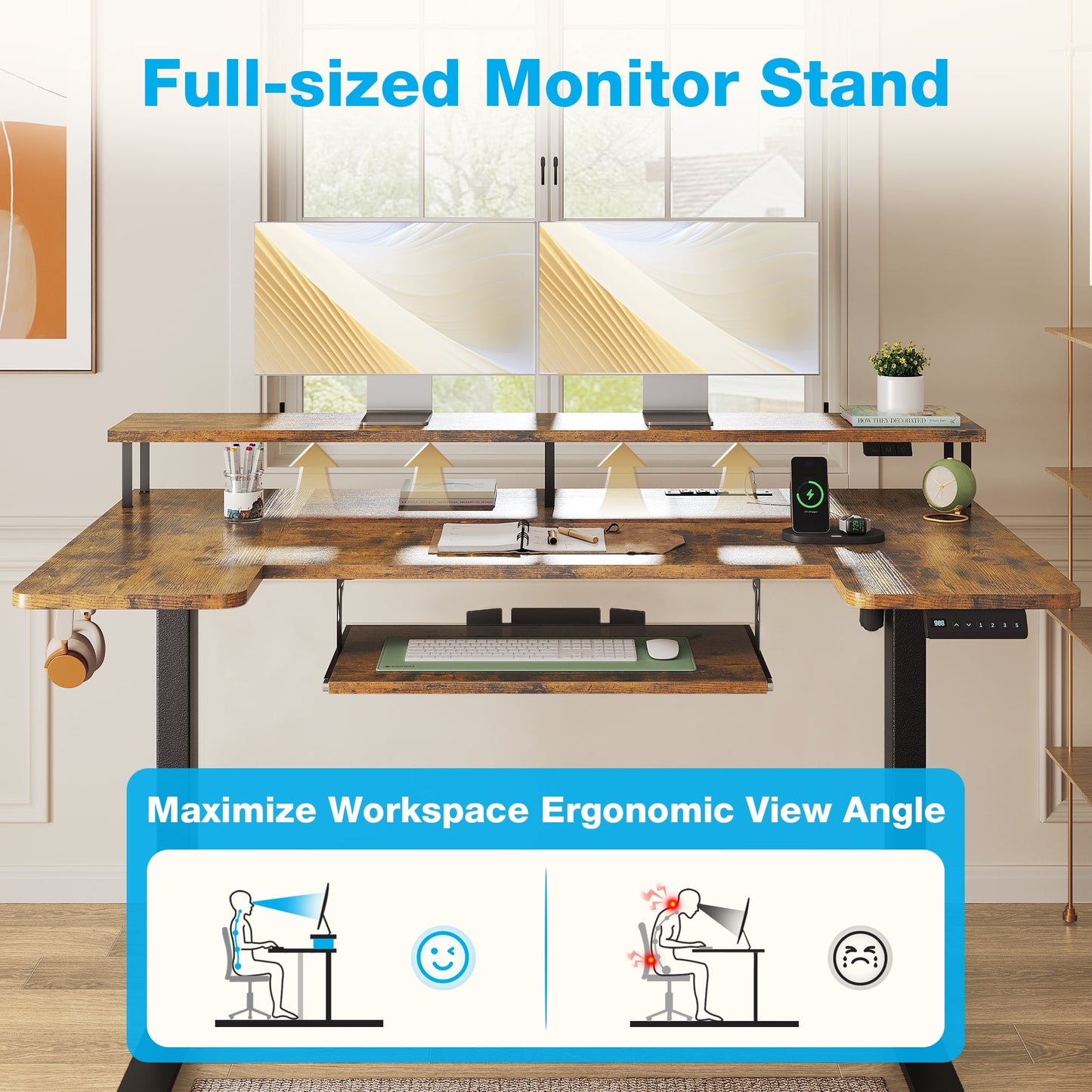 Casacomoda 55 inch U Shaped Electric Standing Desk with Keyboard Tray, Height Adjustable Desk with Power Outlets & LED Lights, Sit Stand Table with Monitor Stand for Home, Office, White