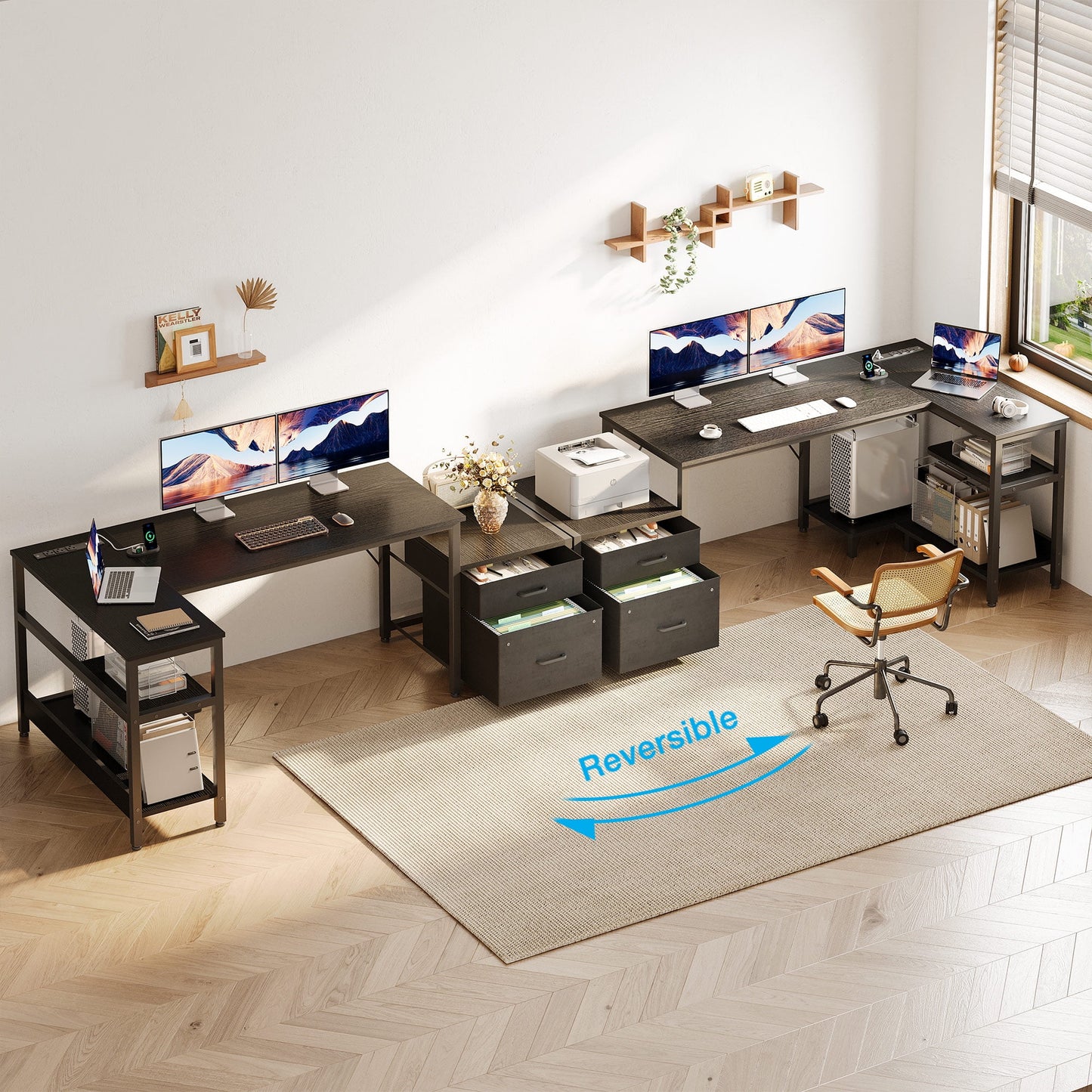 63" Office Desk with Power Outlets & CPU Holder, L-Shaped Corner Desk with File Cabinet, Storage Shelf & 2 Drawers for Large Spaces, Black