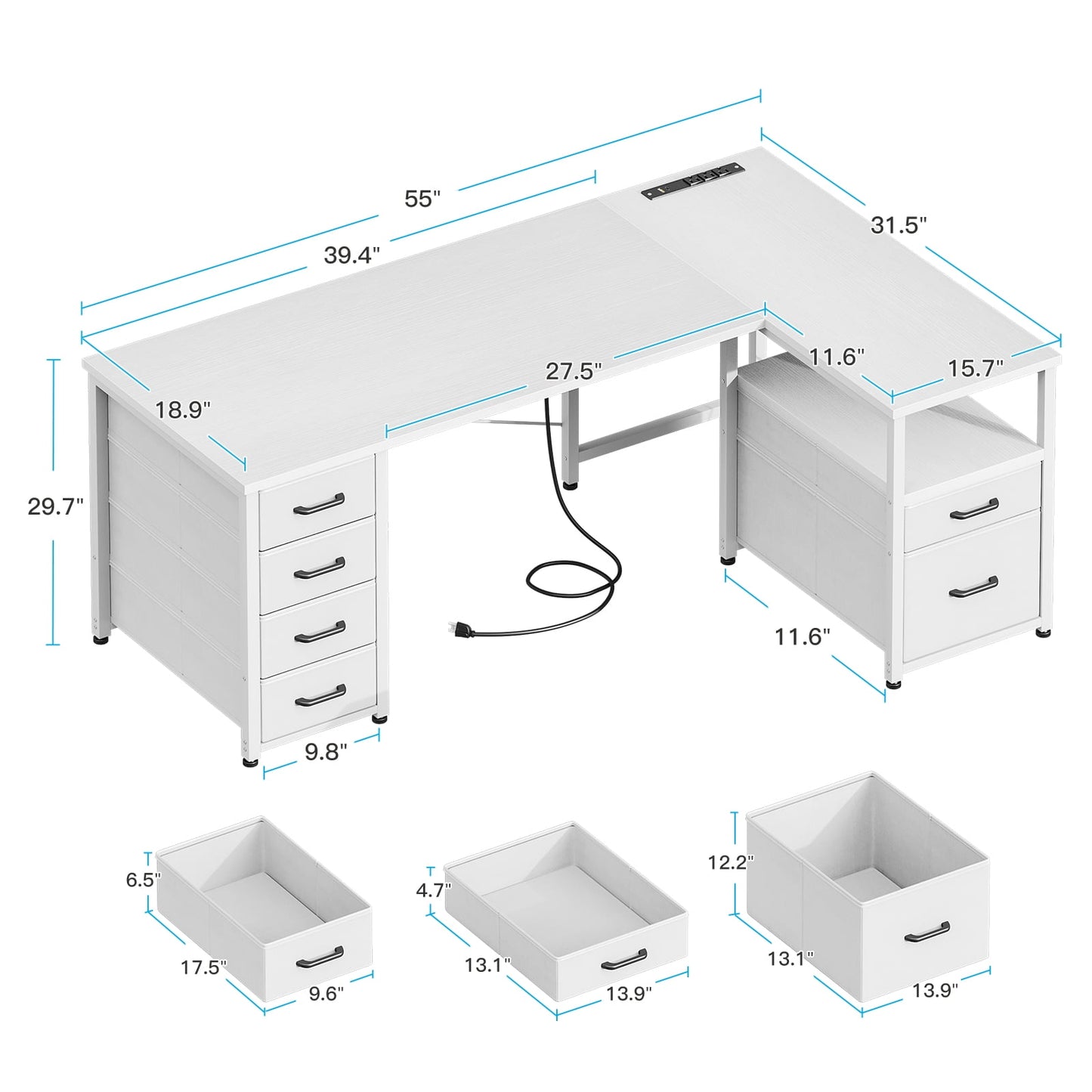 Casacomoda 55 inch Computer Desk with 5 Drawers and File Cabinet for Storage, Office Desk with Storage Shelf & Power Outlets, Home Office Desks, White