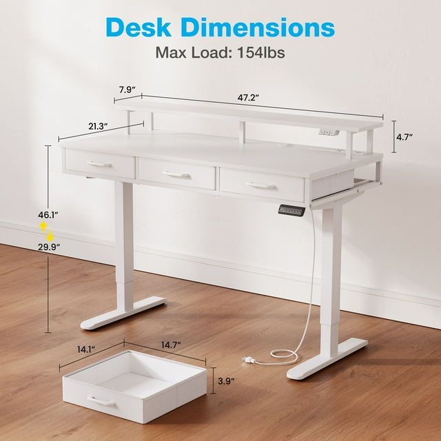 Casacomoda Electric Standing Desk with Power Outlets and LED Lights, Adjustable Height Sit Stand Desk with Monitor Shelf & 3 Fabric Drawers for Home Office, White