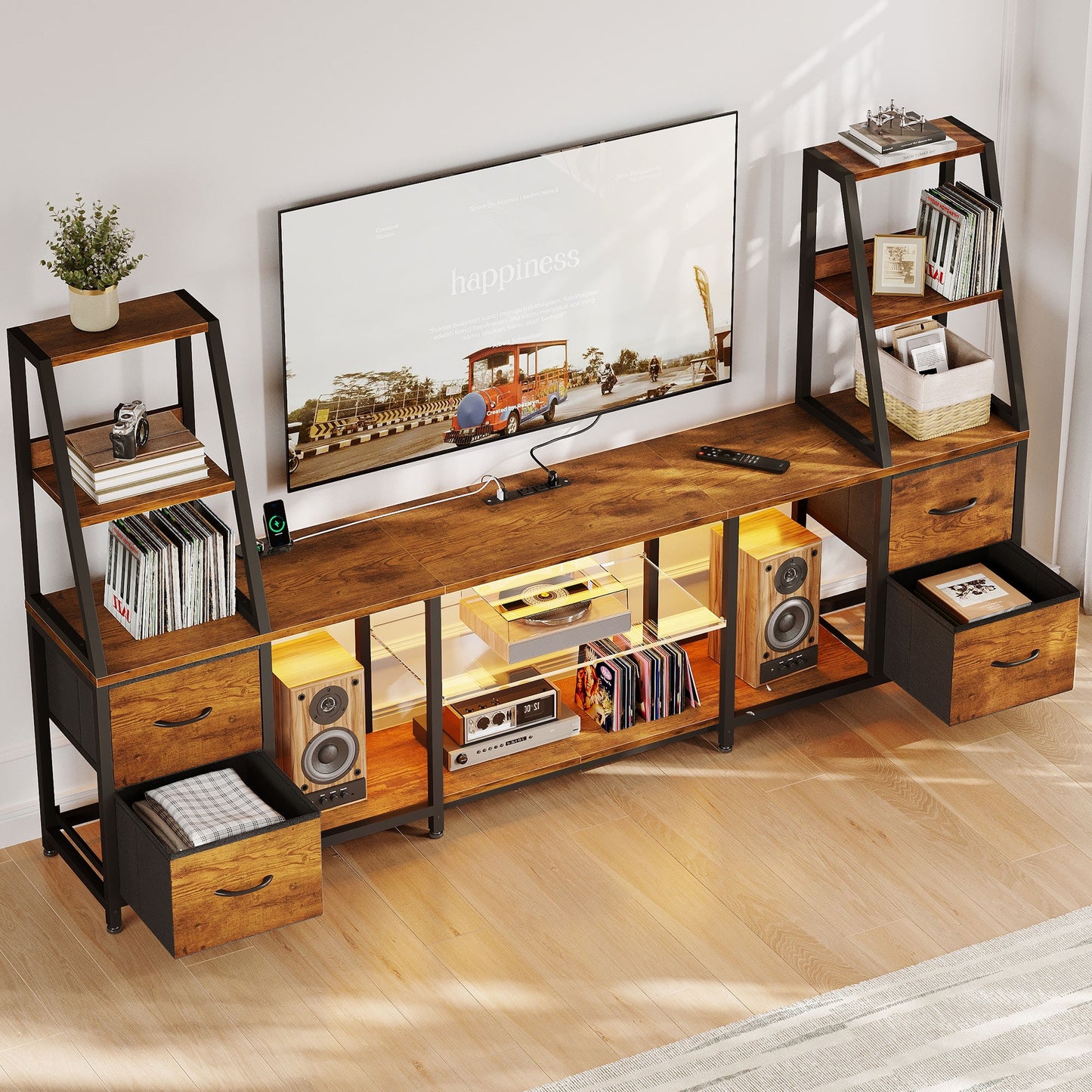 Casacomoda TV Stand for up to 65 Inch TV, 87" Entertainment Center with Power Outlets & LED Lights, Modern Media Console with Glass Shelf & 4 Fabric Drawers for Living Room Bedroom, Vintage