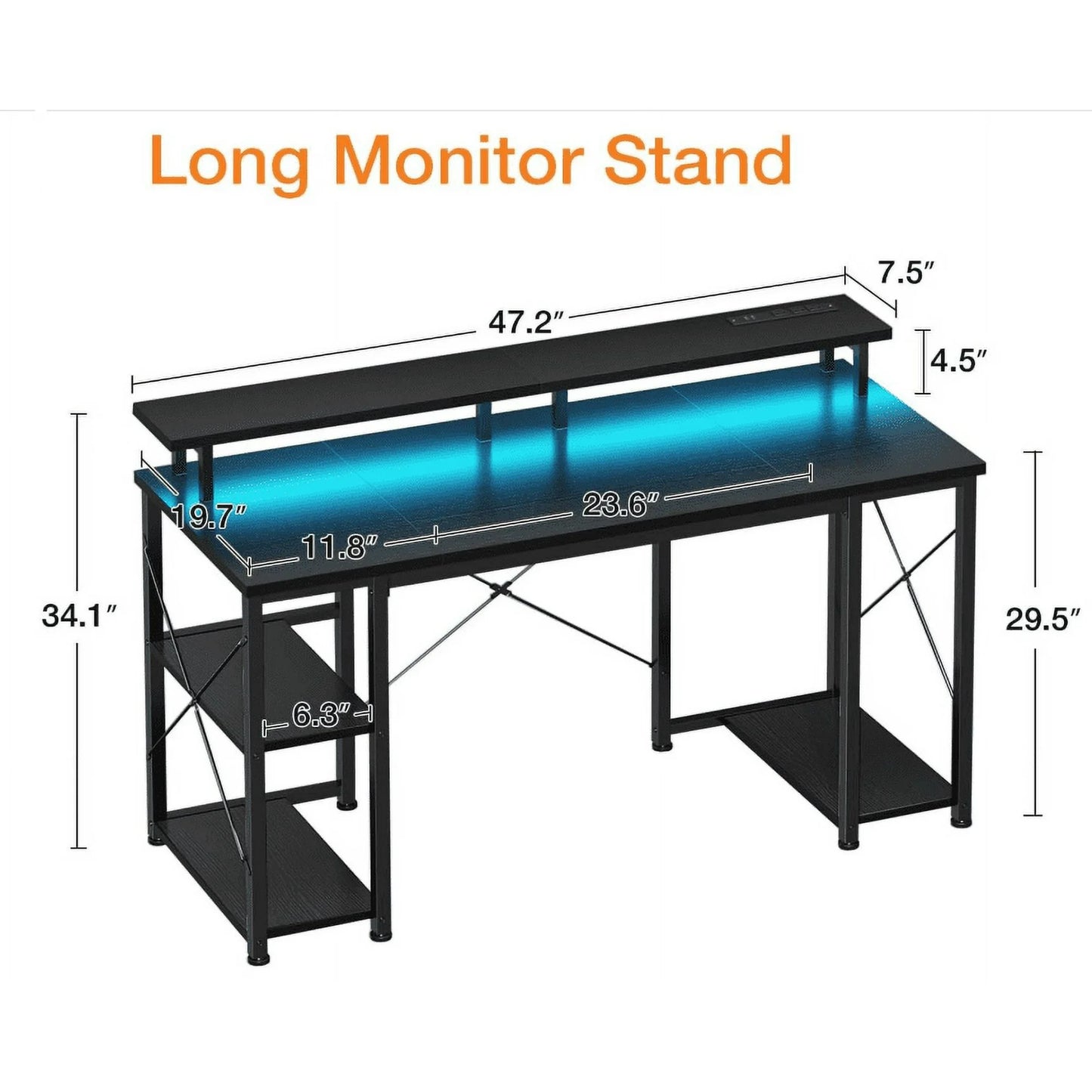Casacomoda 48 inch Gaming Desk with LED Lights & Power Outlets, Computer Desk with Monitor Stand & Storage Sheves, CPU Stand, Home Office Desk, Black