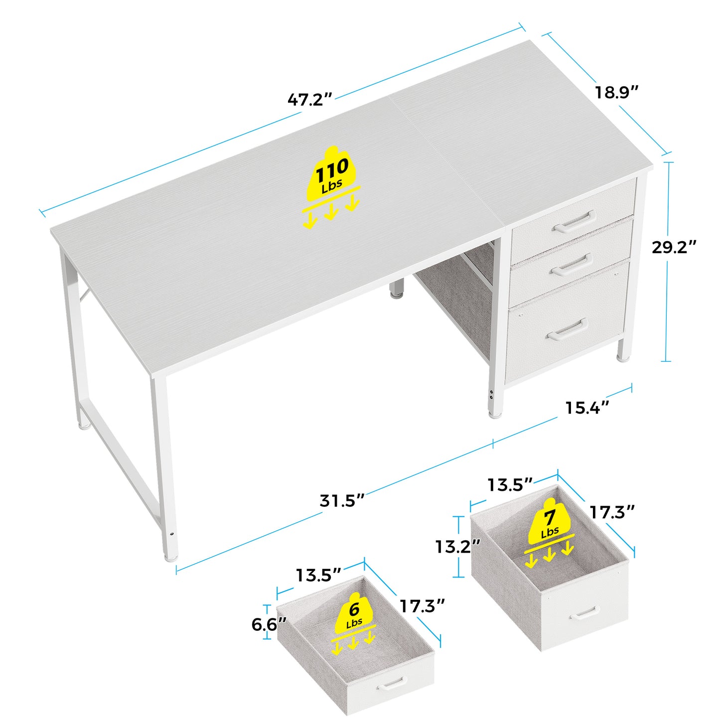 Casacomoda 48 Inch Computer Desk with Fabric Drawers & File Cabinet, Home Office Desk for small space, Vanity Desk for Bedroom, White