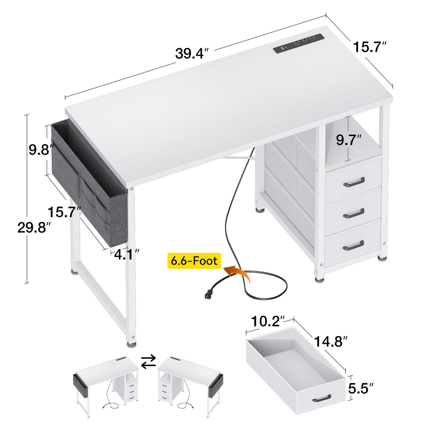 Casacomoda 40 Inch Small Computer Desk with Fabric Drawers and Charging Station, Home Office Desk with Storage Shelf, White