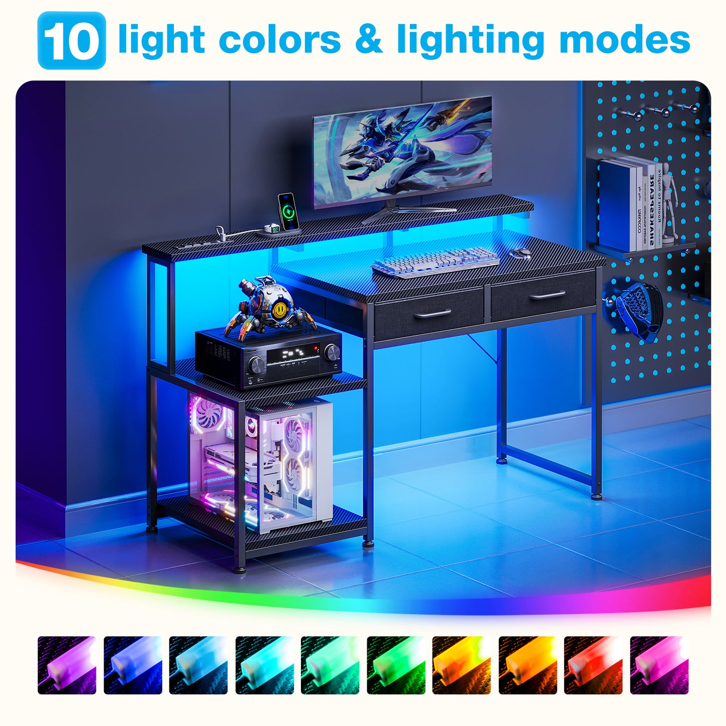Casacomoda Computer Desk, 48 Inch Gaming Desk with Led Lights & Power Outlet, Home Office Desk with Monitor Shelf, Reversible Desk with Printer Stands, Carbon Fiber Black