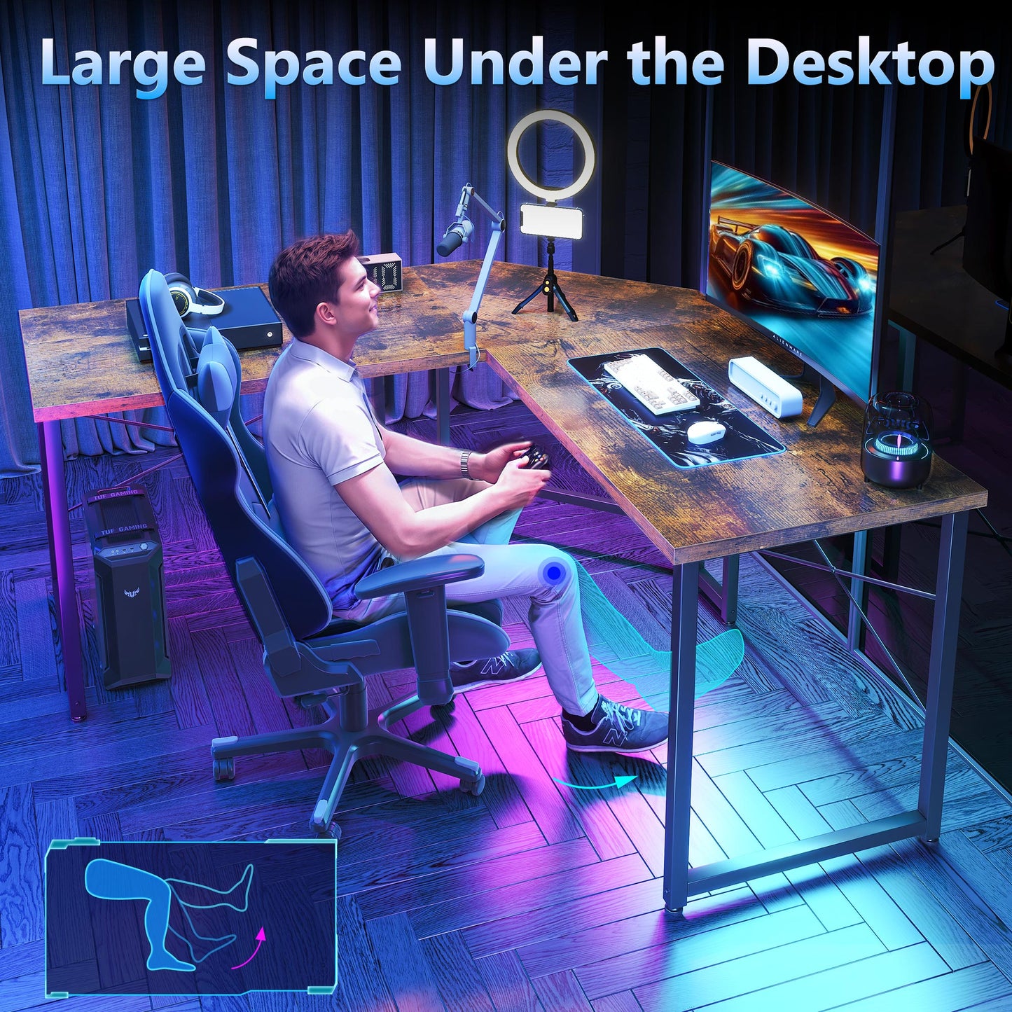 Casacomoda Computer Desk L Shaped, 51” Reversible L Shaped Computer Desk with Monitor Stand, Home Office Desk, Vintage