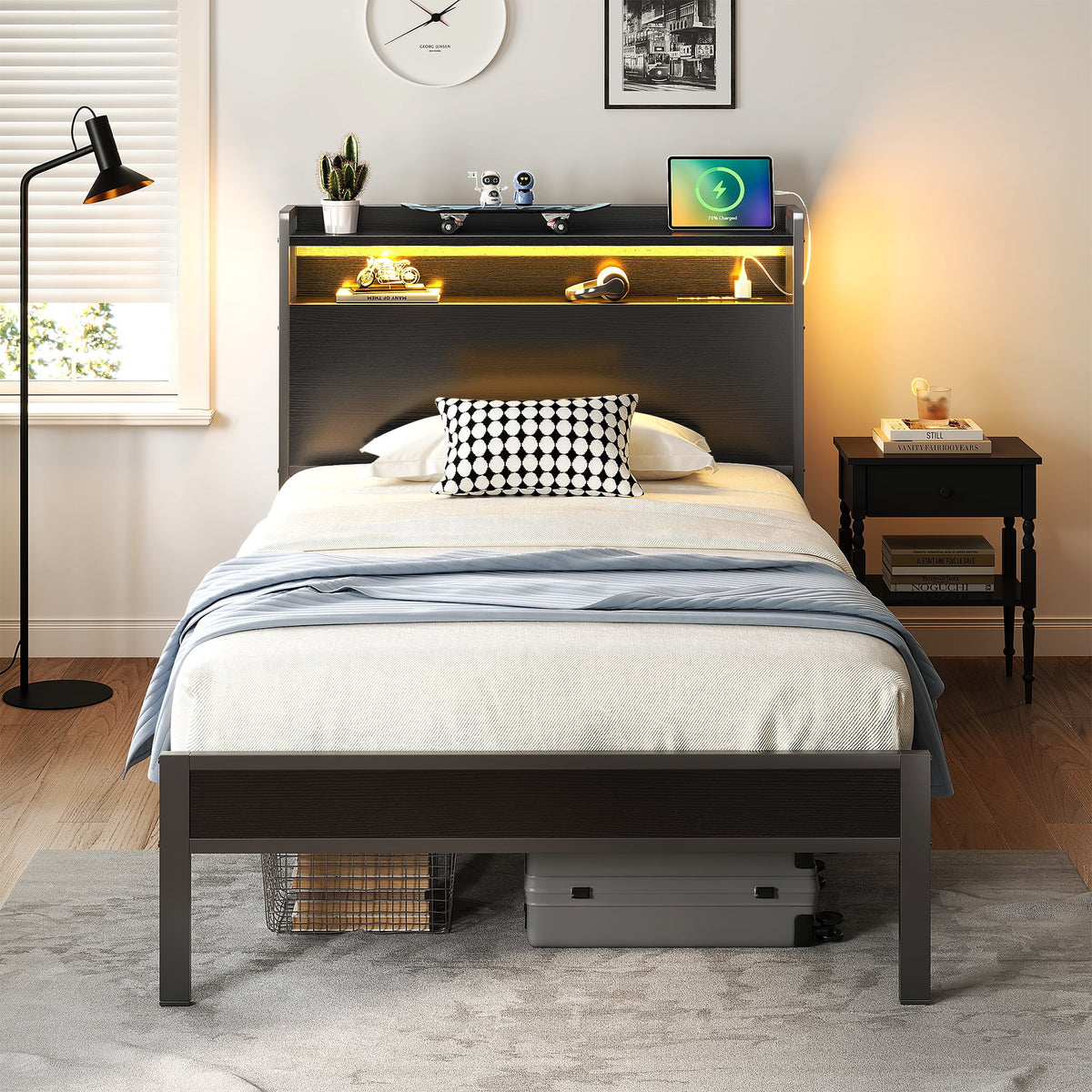 Casacomoda Twin Bed Frames, Storage Headboard with Charging Station, RGB Light Strips, Solid and Stable, Noise Free, No Box Spring Needed, Easy Assembly, Black