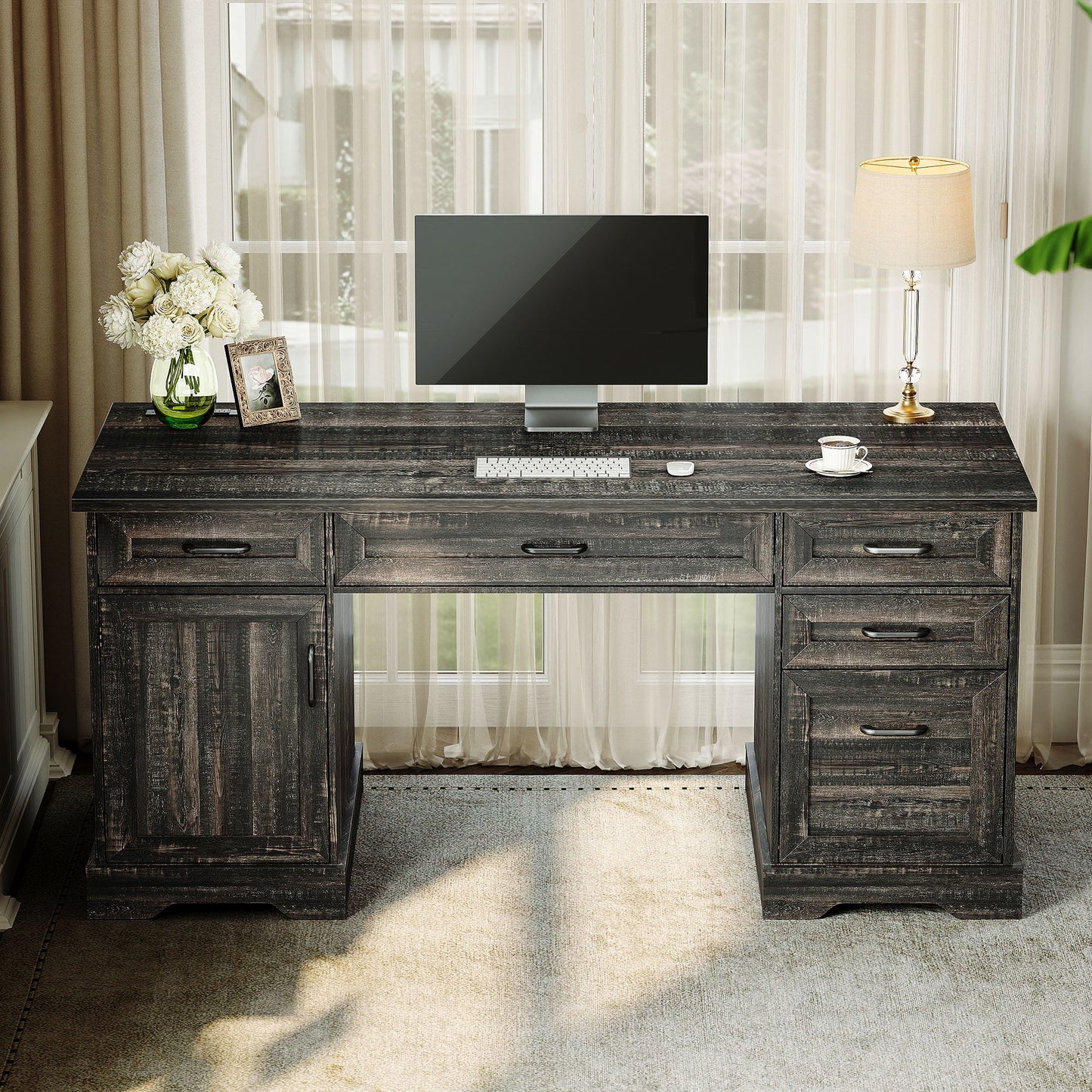 Casacomoda Home Office Desk with File Cabinet and Drawers, 59" Executive Desk with USB Power Outlet, Storage Cabinet for CPU, Workstation Table for Study, Dark Oak (No ratings yet)