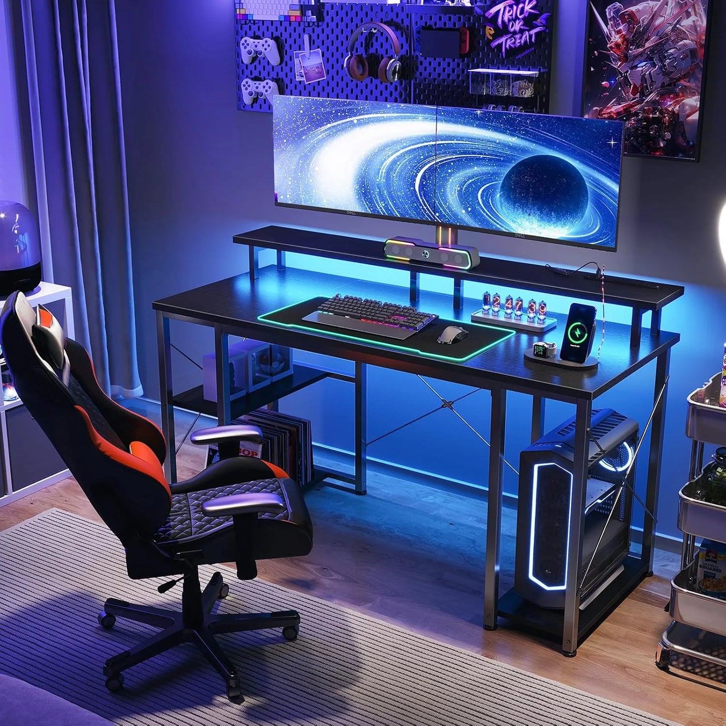 Casacomoda 48 inch Gaming Desk with LED Lights & Power Outlets, Computer Desk with Monitor Stand & Storage Sheves, CPU Stand, Home Office Desk, Black