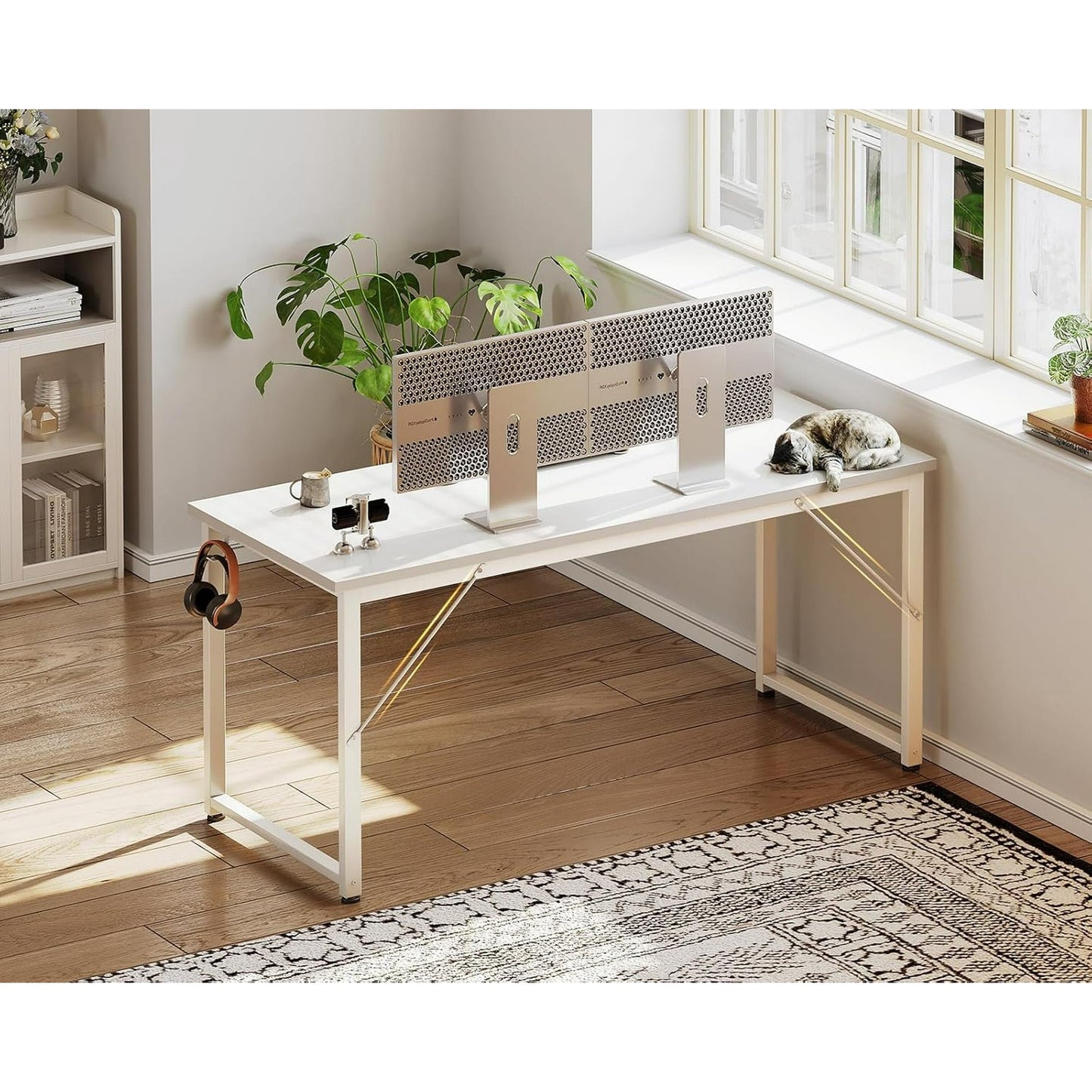 Casacomoda 54 inch Computer Desk with Headphone Hooks, Home Office Desk for Large Spaces, Simple Modern Desk for Studying & Writing, White