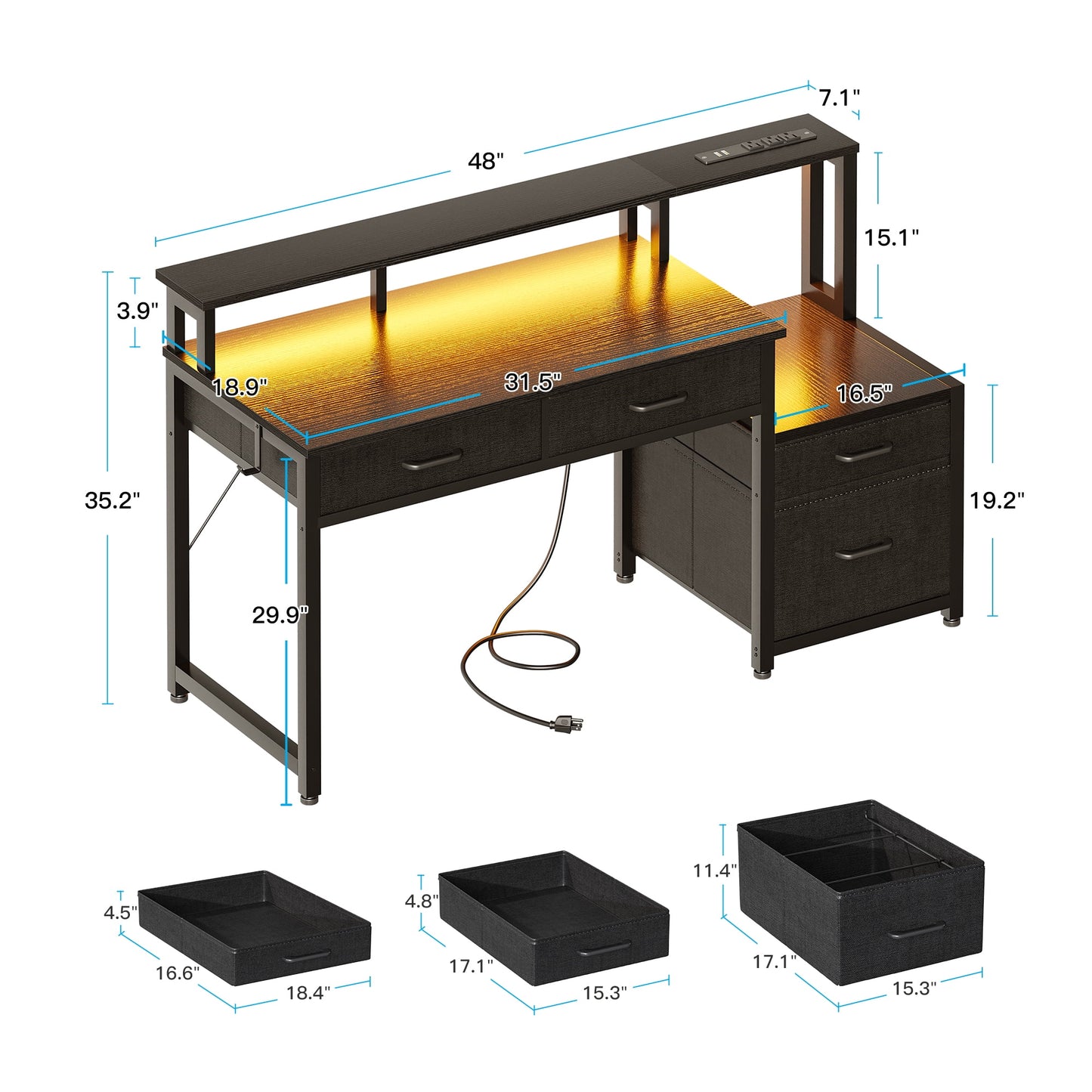 Computer Desk with 4 Drawers, 48 Inch Reversible Desk with Led Lights & Power Outlet, Home Office Desk with File Drawer & Monitor Stand, Black