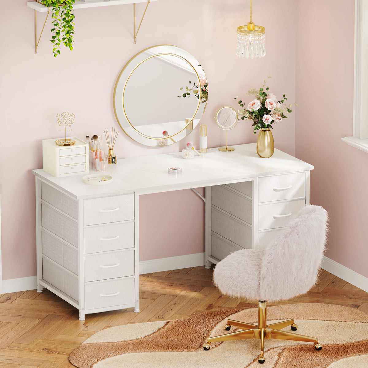 White Computer Desk with Drawers for Storage - 48 inch Home Office Desk with 8 Fabric Drawers, Writing Study Desk with Drawers on Both Sides for Bedroom