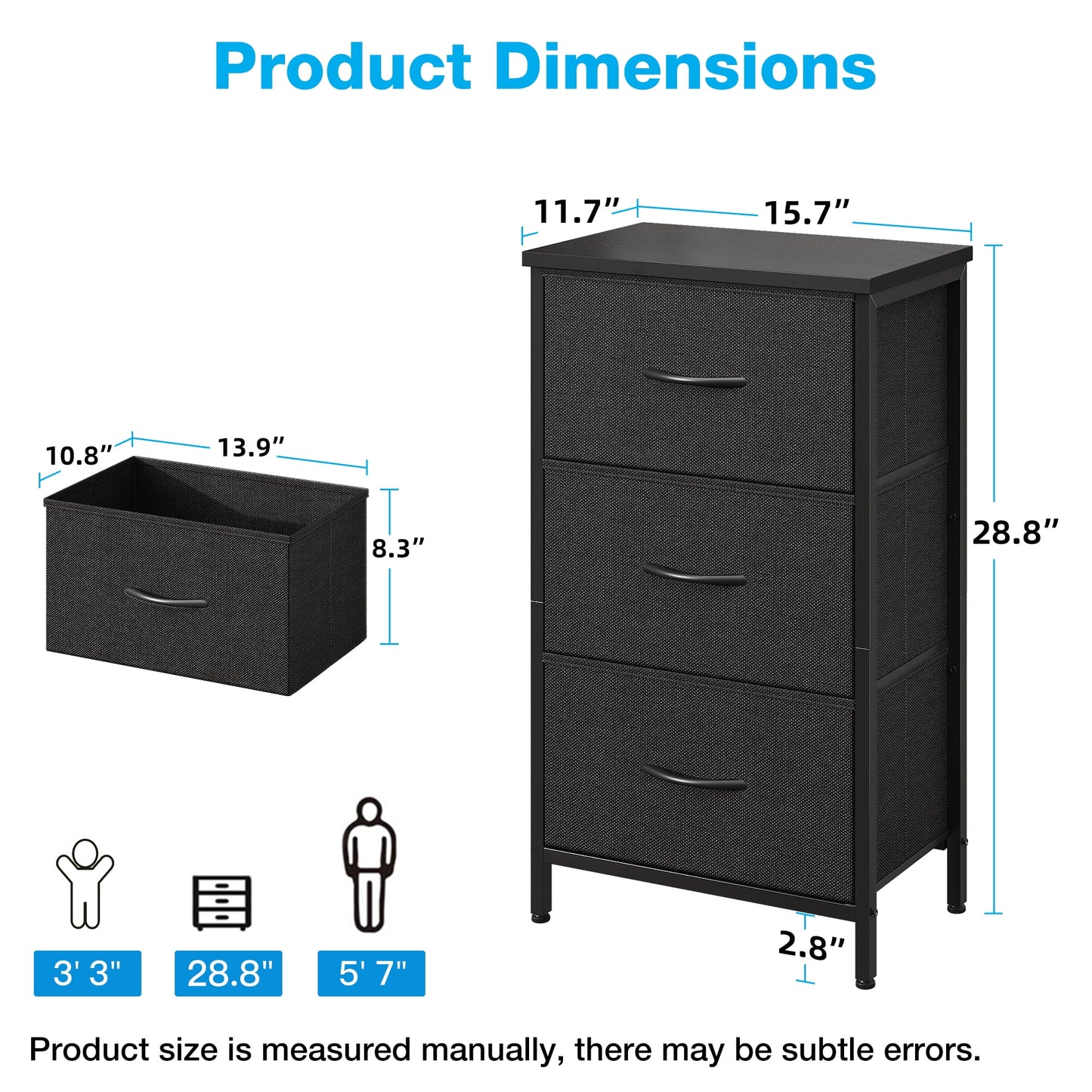 Casacomoda Dresser for Bedroom Nightstand Small Dresser Chest of Drawers End Table for Living Room, Closet Dresser with 3 Storage Drawers Organizer Clothes, Black