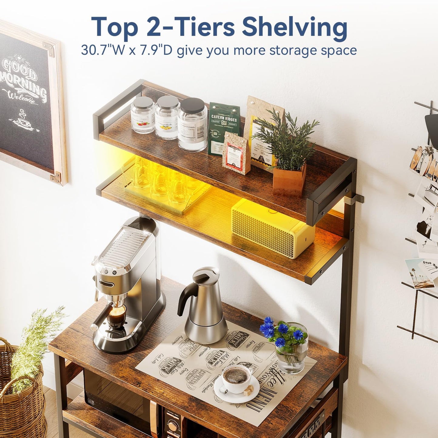 Bakers Rack with Power Outlet & LED Lights, Coffee Bar with Storage 5-Tiers, Microwave Stand Kitchen Shelf 16.5 * 23.6 * 59 inches, Kitchen Coffee Rack, Rustic Brown