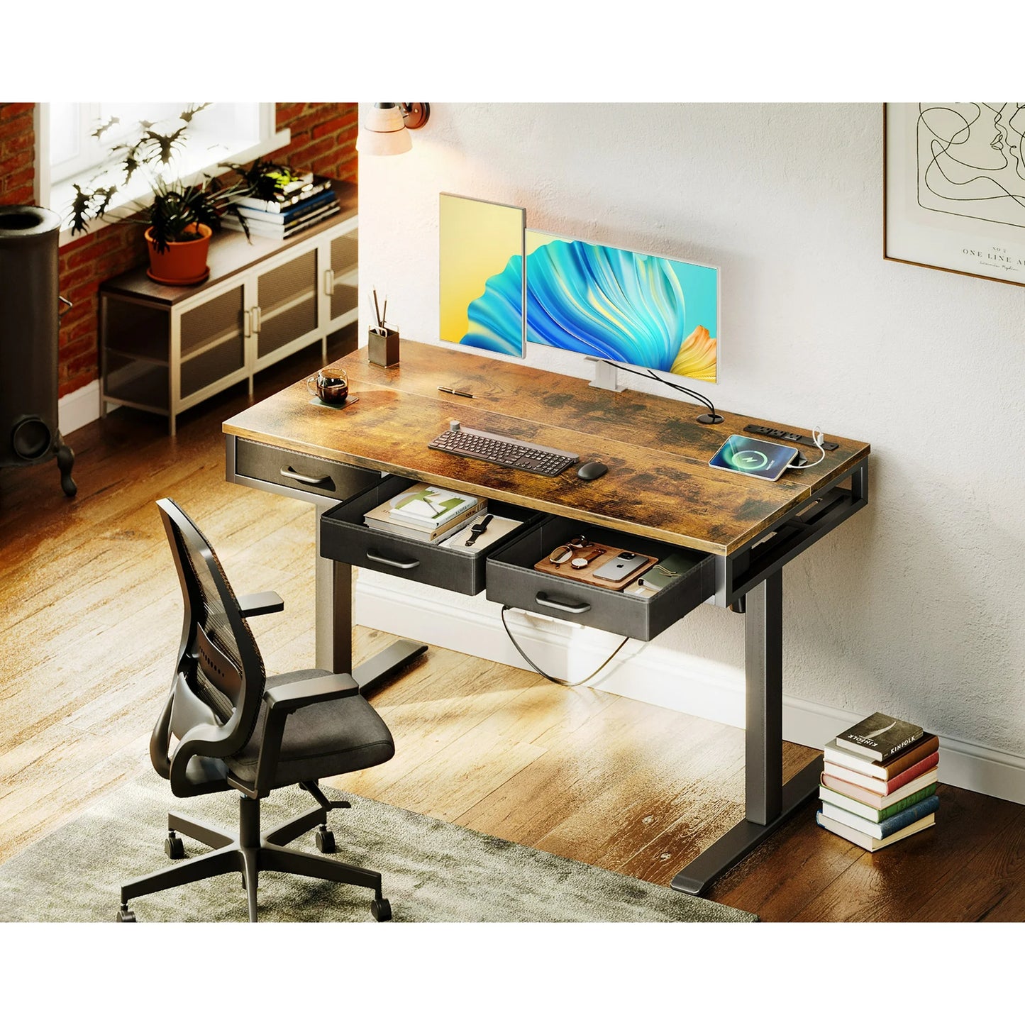 Electric Standing Desk with Drawers, 47 Inch Height Adjustable Desk with Power Outlets & USB, Sit Stand Table for Home, Office, Workstation, Rustic Brown