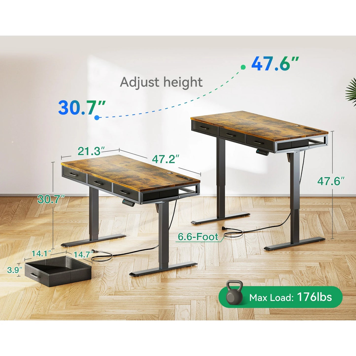Electric Standing Desk with Drawers, 47 Inch Height Adjustable Desk with Power Outlets & USB, Sit Stand Table for Home, Office, Workstation, Rustic Brown
