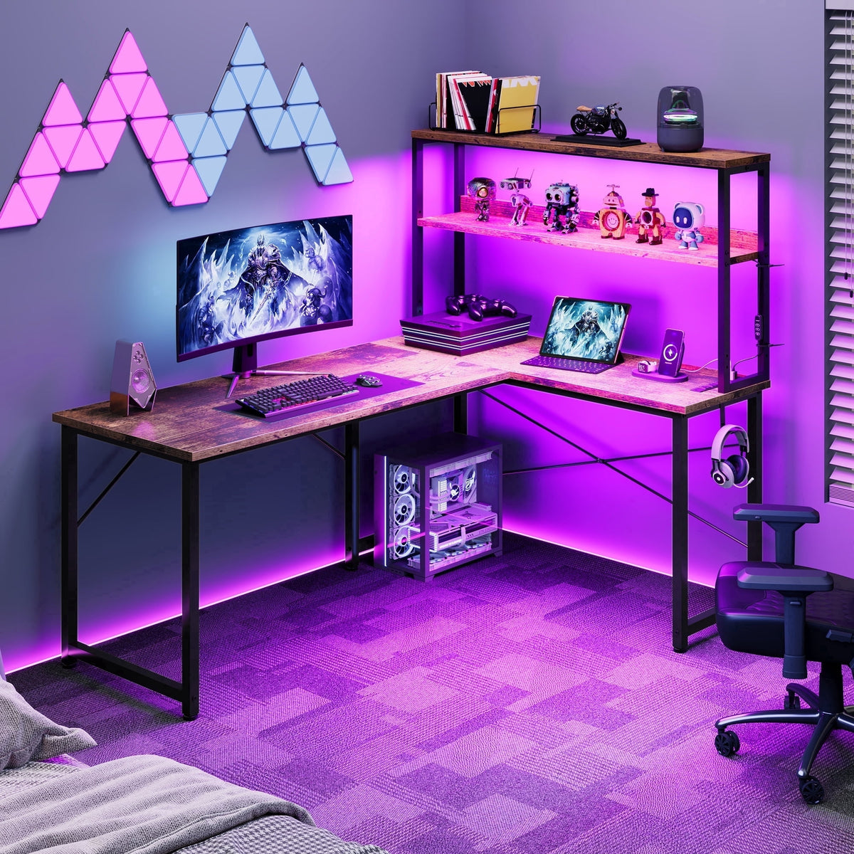 Casacomoda L Shaped Gaming desk, 53 Inch Computer Desk with Shelves, Reversible Display Shelf Gaming Desk with Led Light & Charging Station, Vintage