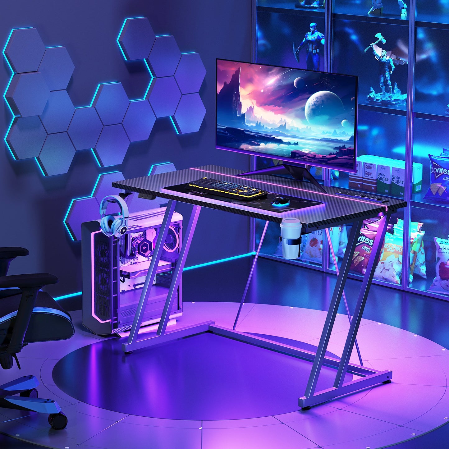 31.5 inch Gaming Desk with Z-Leg Design, Computer Desk with LED Light & Power Outlet, Gaming Table Suitable for Small Space, Black