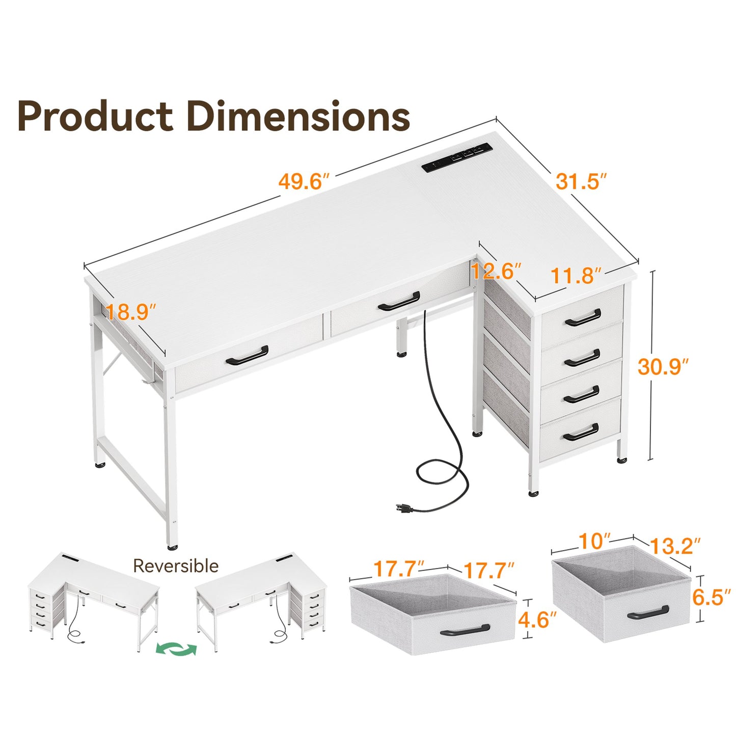 Casacomoda 50 inch L Shaped Desk with 6 Drawers, Computer Desk with Power Outlets & USB Ports, Home Office Reversible Corner Desk for Small Space, Study Work Table with Hook, White