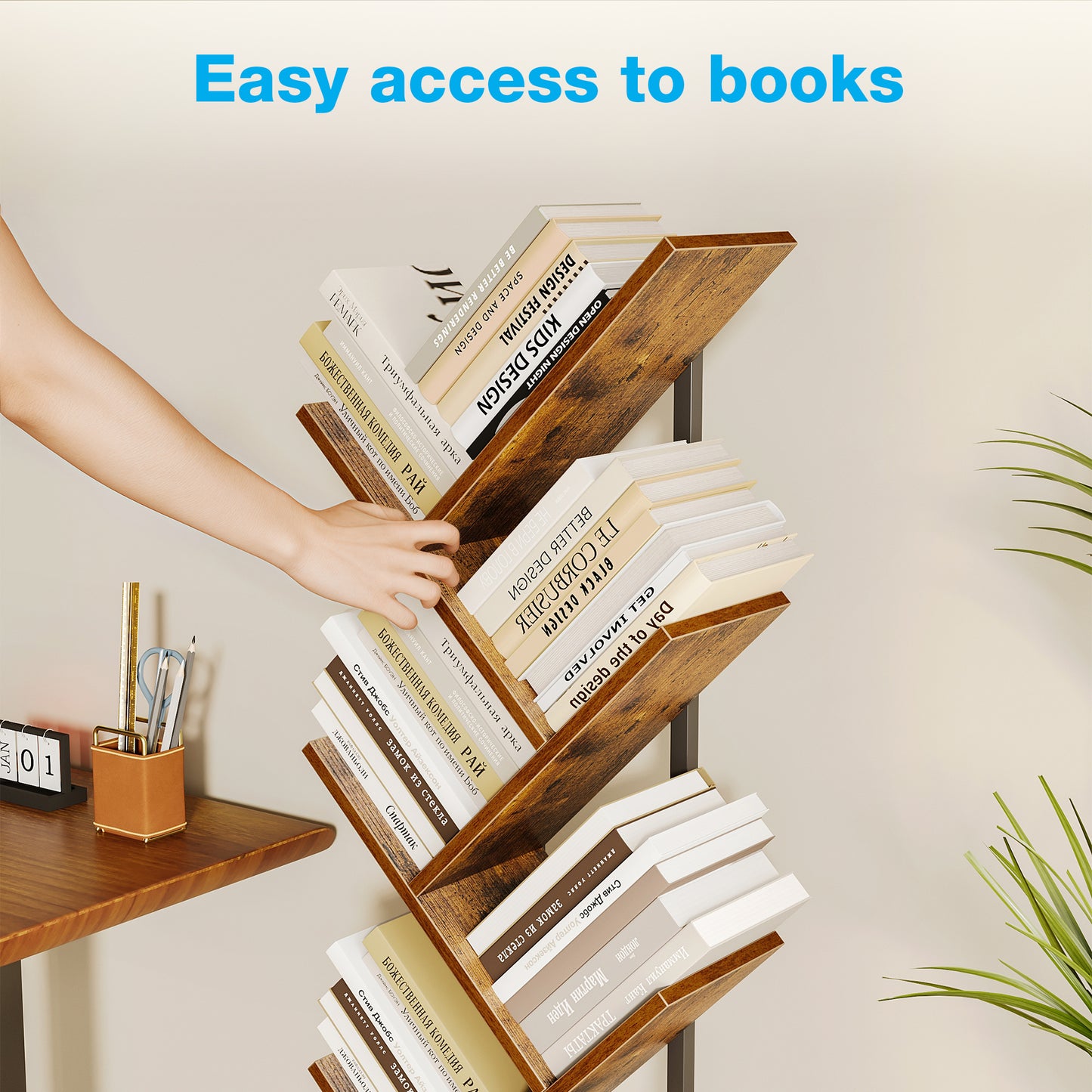 Casacomoda Tree Bookshelf - 6 Shelf Retro Floor Standing Bookcase, Tall Wood Book Storage Rack for CDs/Movies/Books, Utility Book Organizer Shelves for Bedroom, Living Room, Home Office